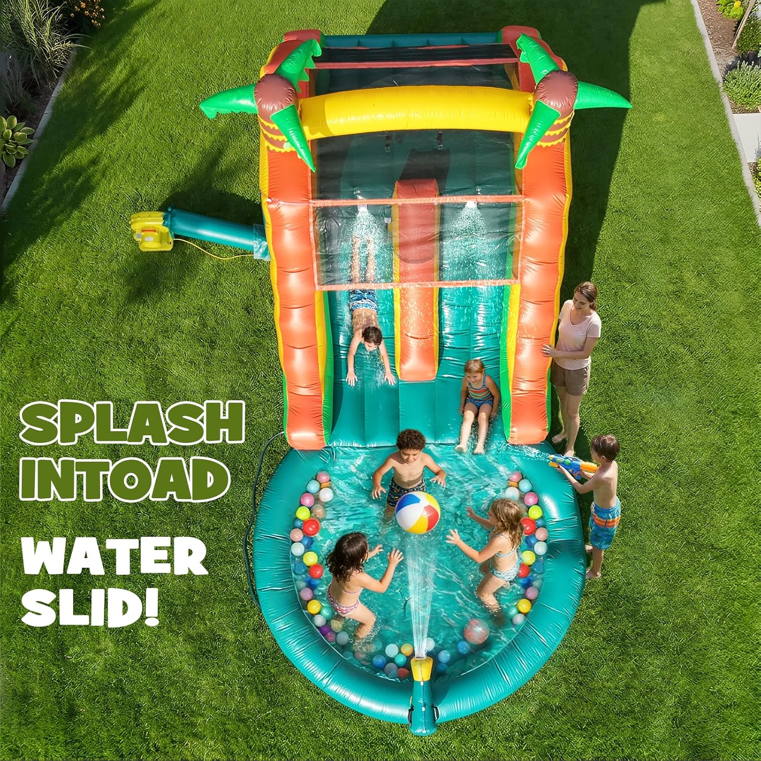 26FT Inflatable Water Slide with Water Spray Tube, PVC Commercial Grade Water Slide with Splash Pool, 4-in-1 Water Slide with Climbing & Basketball Set & 1100W Air Blower for Birthday, Play Slide