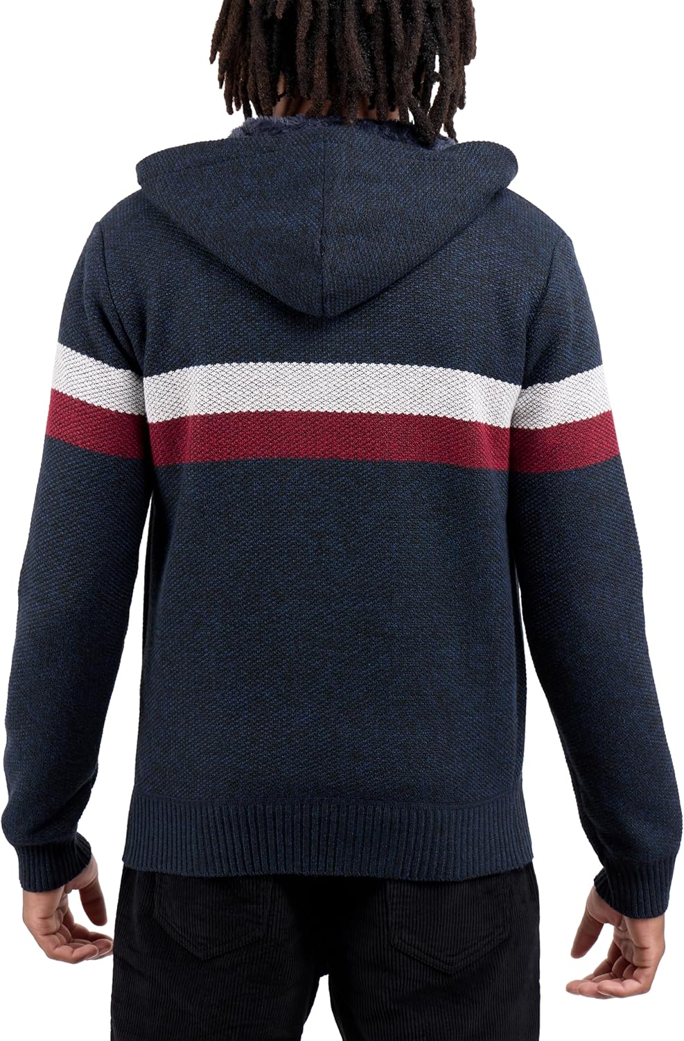 X RAY Mens Zip Up Fleece Lined Knit Cardigan Hooded Sweater, Full Zip Classic Fit Sweater with Stripes & Lining - Image 2
