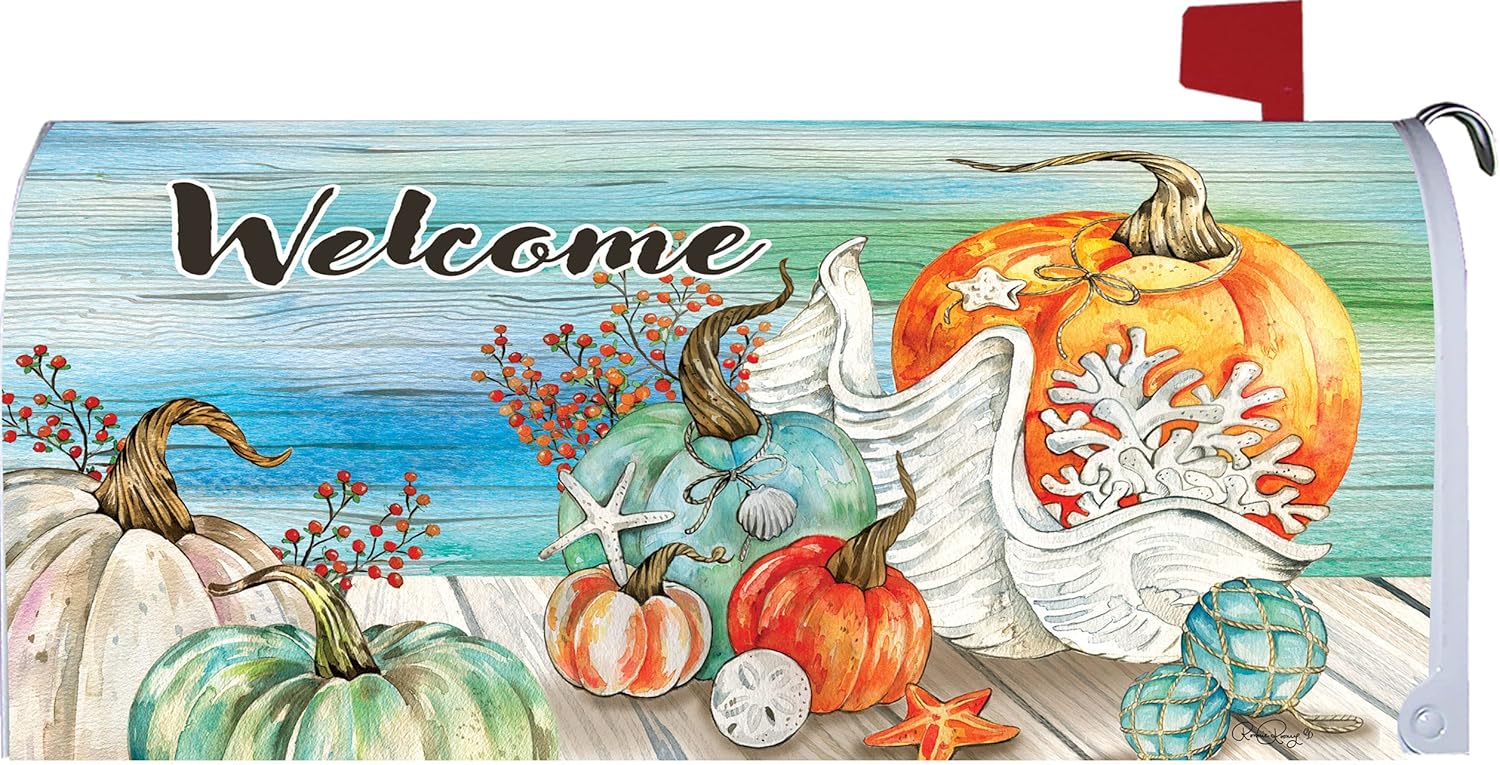 Fall Coastal Pumpkin Mailbox Makeover - Vinyl with Magnetic Strips for Steel Standard Rural Mailbox - Made in The USA Copyright, Licensed and Trademarked Inc.