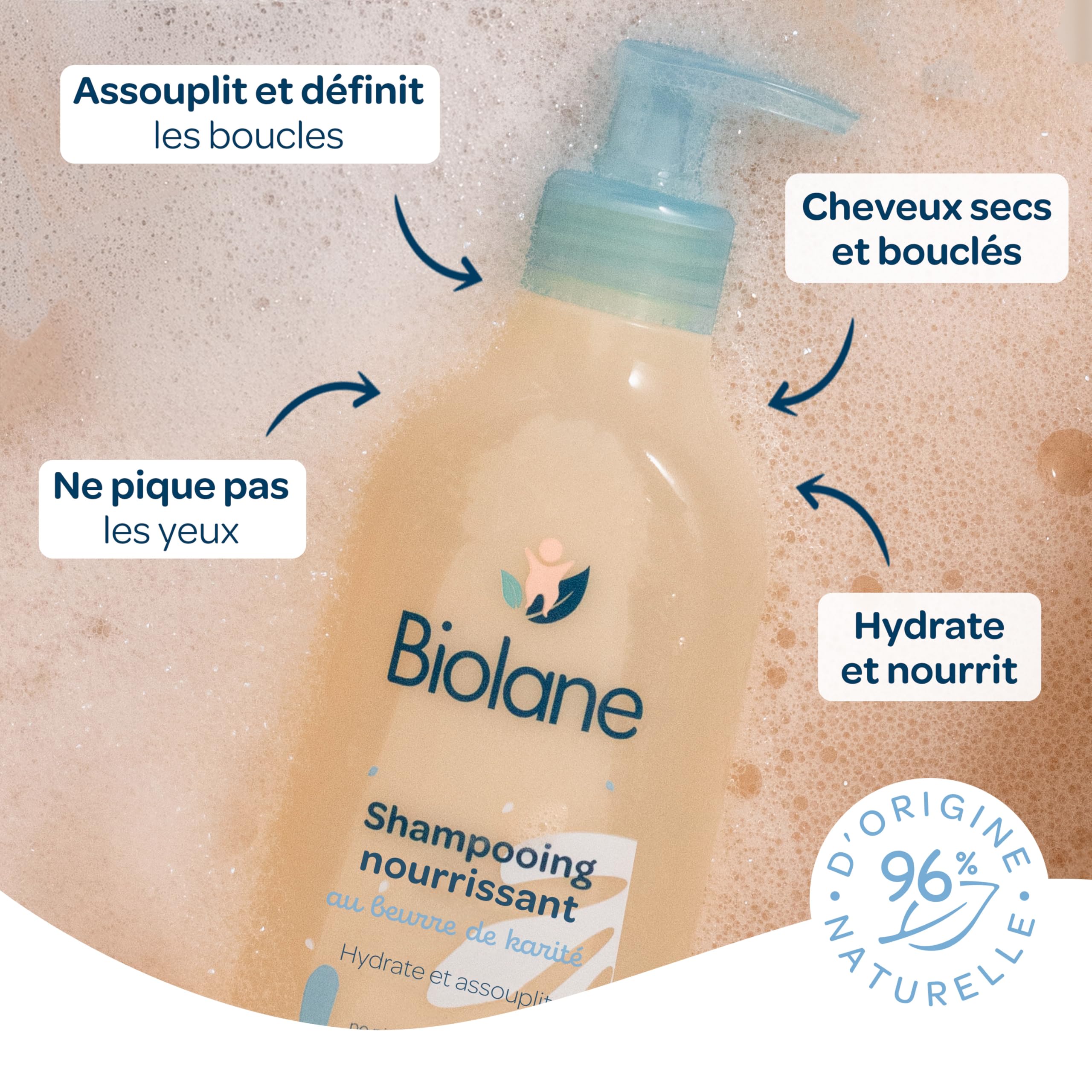 BIOLANE Shampooing Nourrissant Bébé Cheveux Secs et Bouclés 350ml | Hydrate et Assouplit les cheveux, 96% d'ingrédients d'origine naturelle, Démêle efficacement, Fabriqué en France