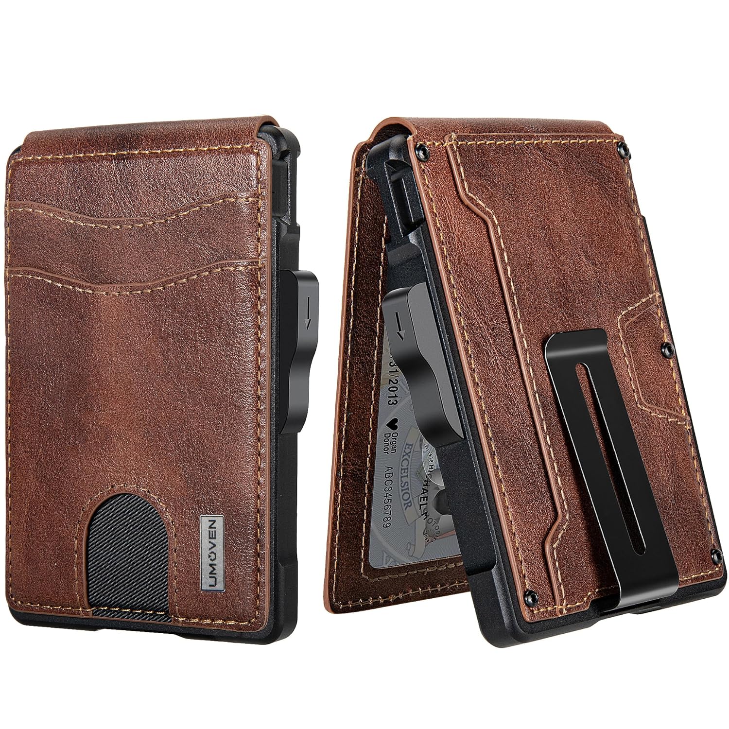umoven Minimalist Slim Leather Wallet for Men RFID Blocking Bifold with Money Clip Card Slots Brown Red