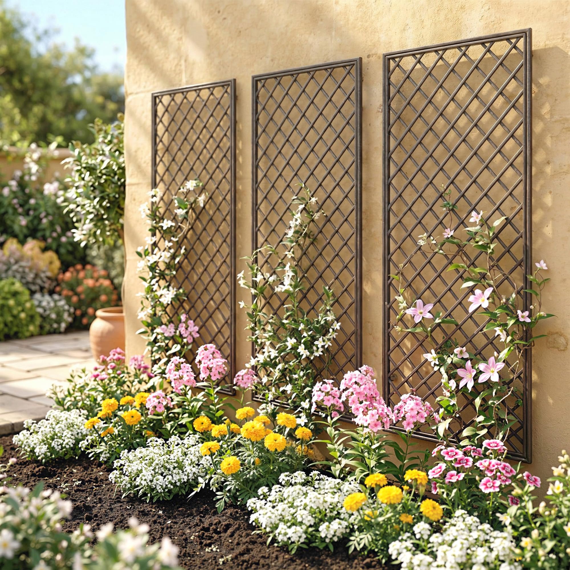 Outsunny Juego de 3 Enrejados de Jardín de Mimbre, Soportes para Plantas Trepadoras con Parte Superior Plana, para Frutas, Verduras, Flores, Decoración Exterior para Patio, 43x112 cm, Madera Natural