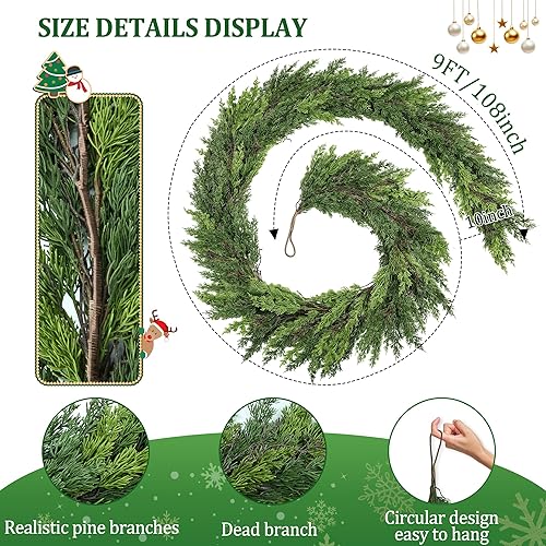 Miniatura 9 de Guirnalda de cedro de Navidad de 9 pies, gruesas guirnaldas verdes de ciprés, guirnaldas de pino de tacto real, guirnaldas realistas de Navidad para