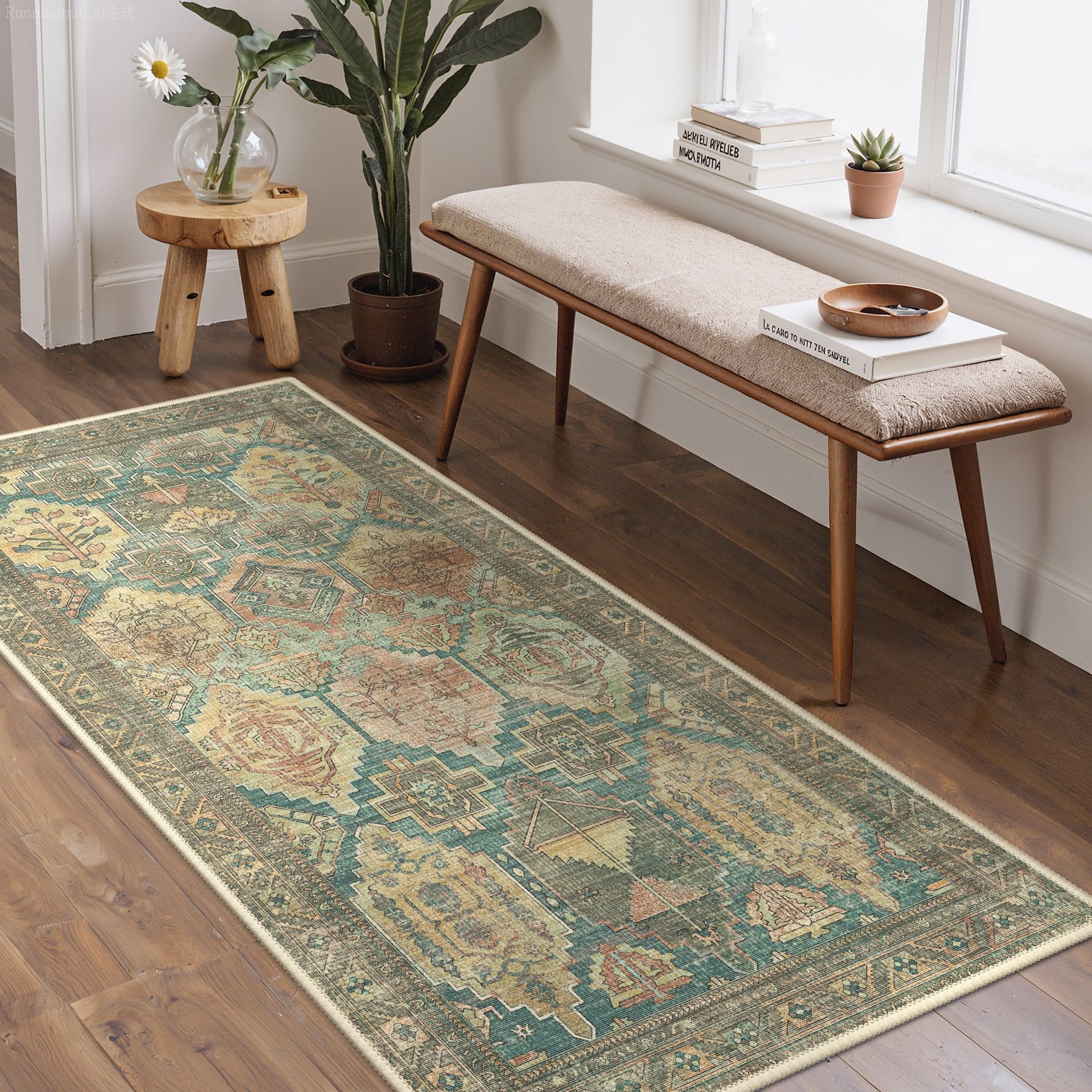 BEIMO 80x150cm Area Rugs for Bedroom,Vintage Boho Carpets for Living Room Non Slip Machine Washable Rug Short Low Pile Rug for Kitchen Dining, Hallway, Teal & Taupe โ image 1