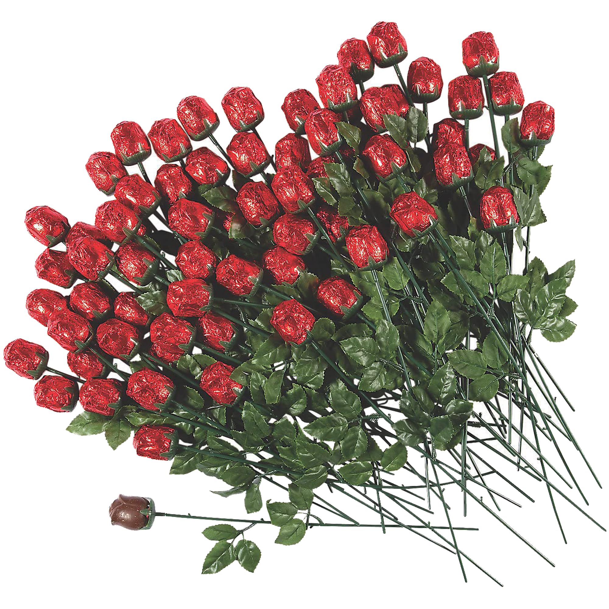 72 Pieces Red Foil-Wrapped Milk Chocolate Roses - 14 Inch - Mother's Day, Valentine's Day, Graduation and Prom Party Favors Bulk