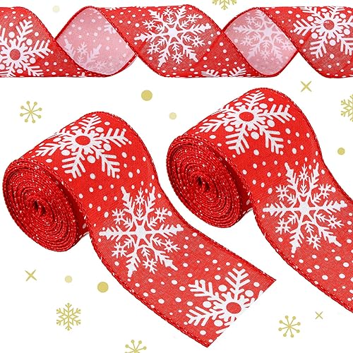 2 rollos de cinta de Navidad con borde de copo de nieve con alambre, cinta de tela con borde de alambre, cinta decorativa de poliéster para