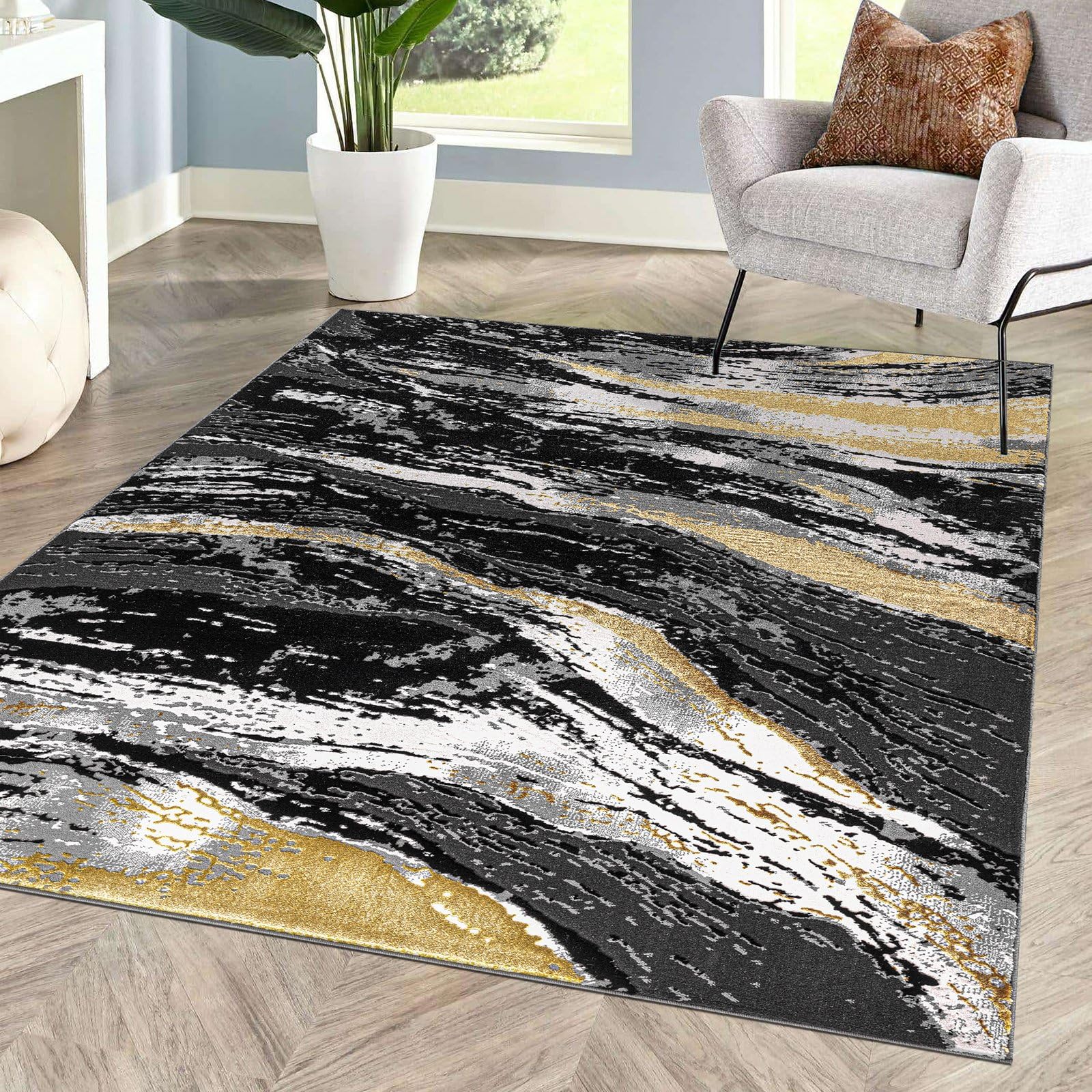 renoazul® Marble Rugs Living Room With Jute Back, Jeze Black Rug - 120 x 170 cm - Washable Carpets For Bedrooms, Lounge, Dining Room and Fireside Rug