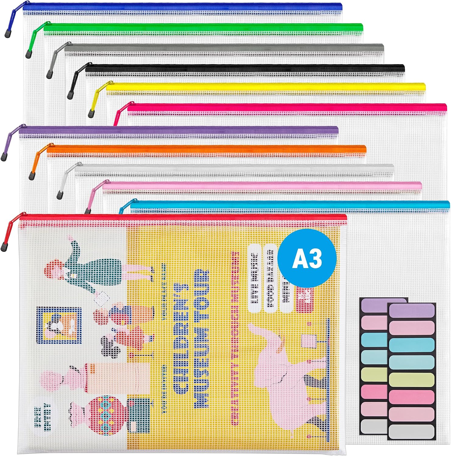  A3 Mesh Zipper Pouch, Extra Large Waterproof File Bags, 24 Pcs