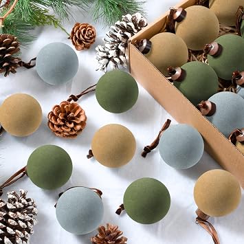 Palonu 30 Pcs Velvet Christmas Balls,2.4 Inch Flocked Ornaments with Velvet Ribbons, Shatterproof Plastic Christmas Bulbs Ornaments for Holiday Xmas Decoration Green ,Khaki,Dusty Blue