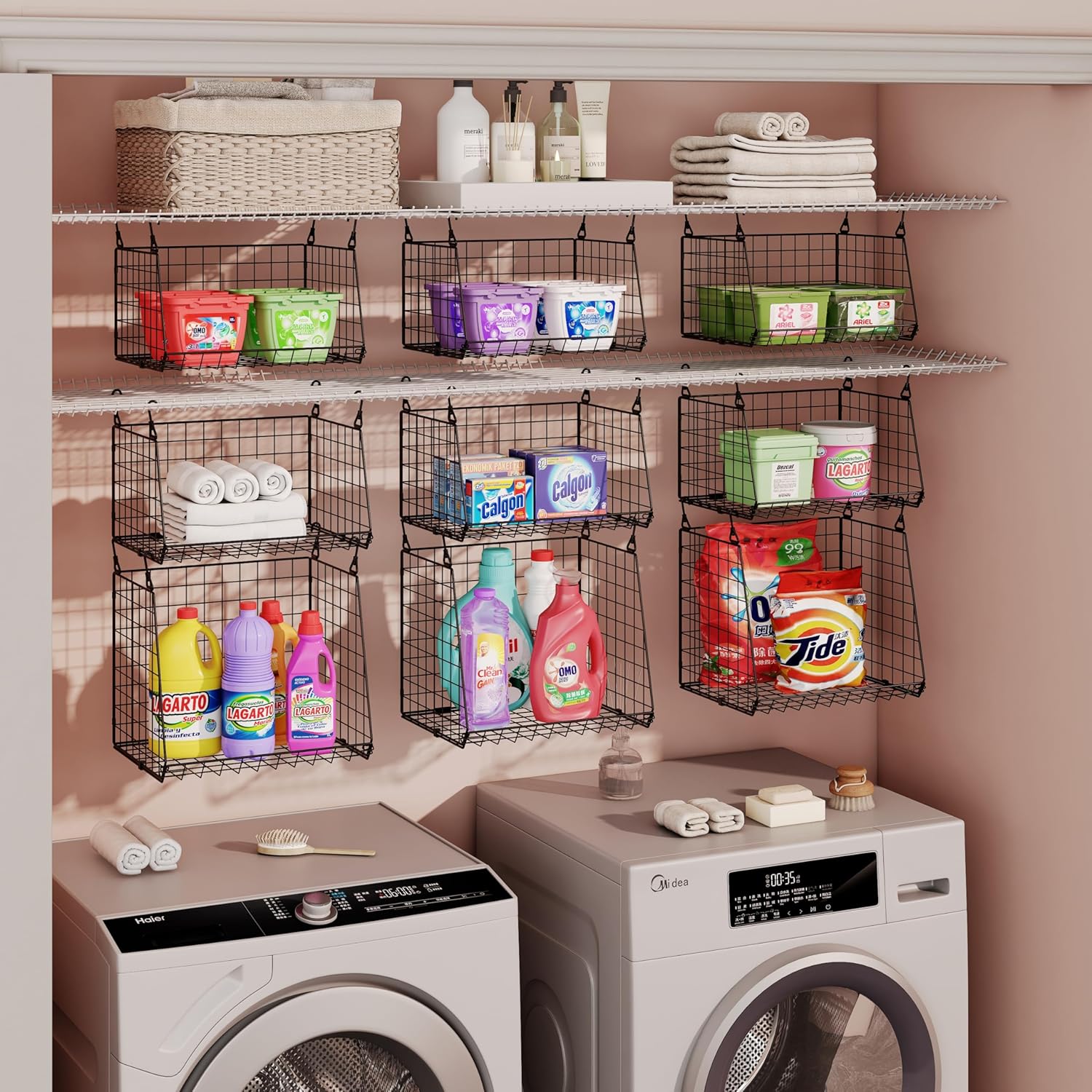 4-Pack Hanging Laundry Room Organizer:Foldable Laundry Room Organizaton Wire Basket with 360°Rotating Hooks Space Saving Over Washer and Dryer Shelves – Metal Laundry Basket Storage, Black Patent 4-Pack Hanging Laundry Room Organizer:Foldable Laundry Room Organizaton Wire Basket with 360°Rotating Hooks Space Saving Over Washer and Dryer Shelves – Metal Laundry Basket Storage, Black Patent