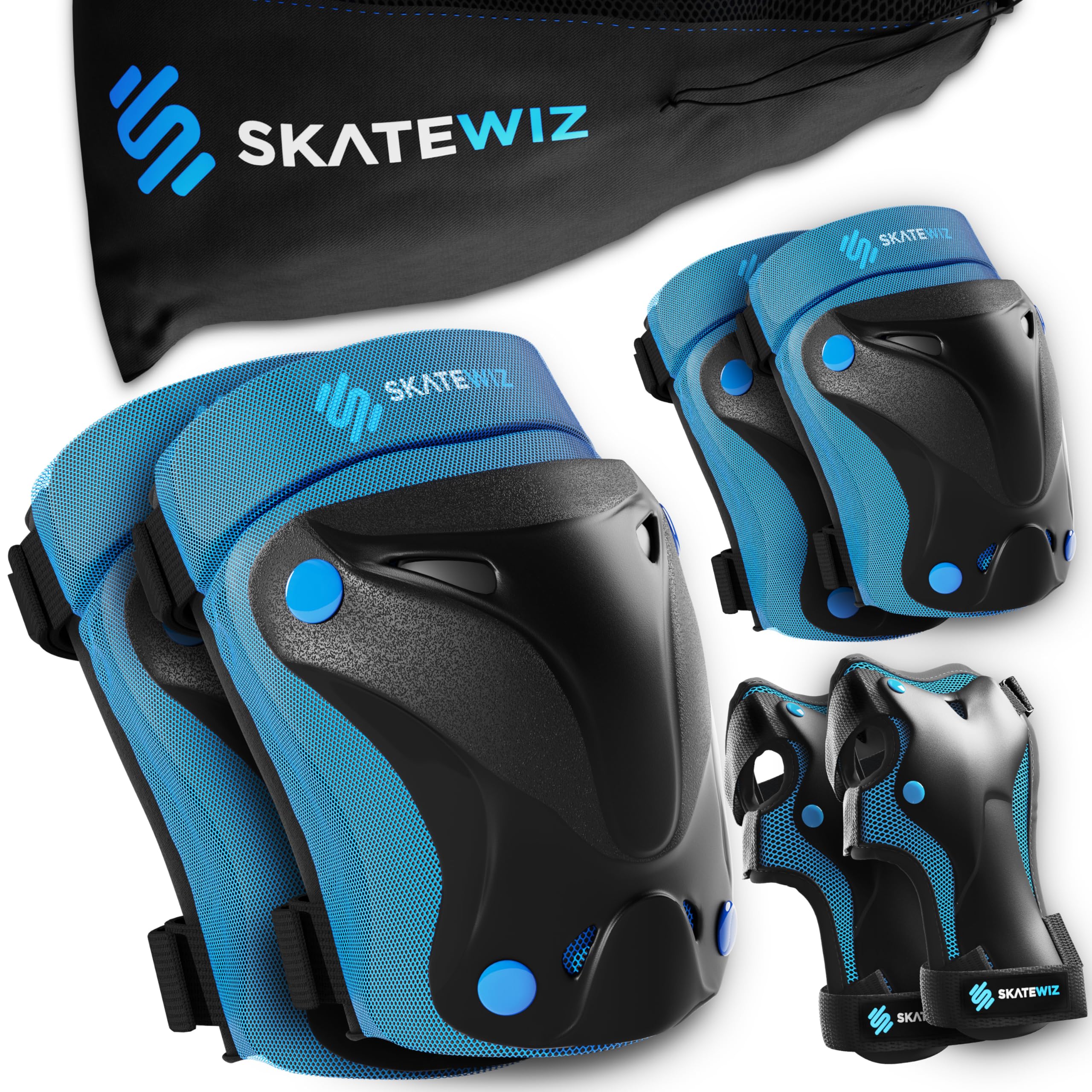 SKATEWIZ Knee Pads for Kids - Knee and Elbow Pads Set - PROTECT-1 - Size M Blue - Wrist Guards for Skating, Skateboard, BMX and Scooter 8-12