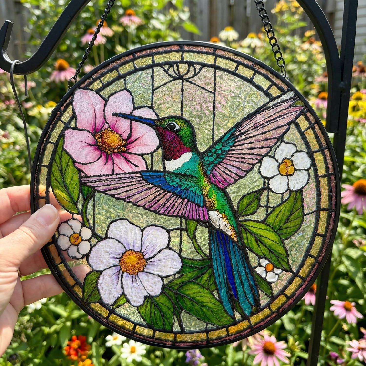 Stained Glass Window Hanging Suncatcher - Hummingbird Decor Wall Art for Indoor Outdoor, Bird Sympathy Gifts for Women Mom, Garden Suncatchers(B8)