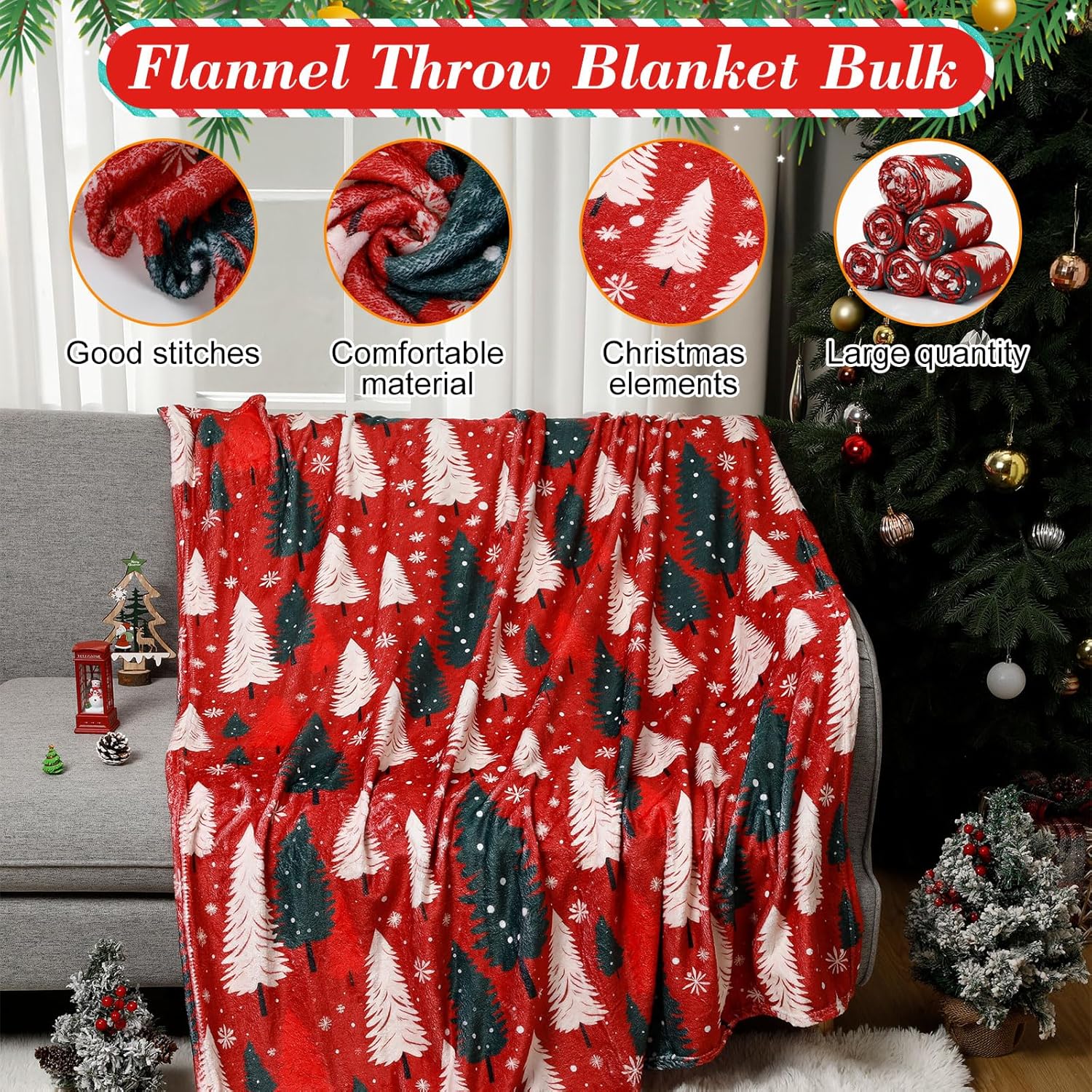 Tranqun 10 Pcs Christmas Tree Flannel Throw Blankets, 50" x 60" Christmas Tree Fleece Blanket Bulk, Red Green Xmas Sofa Fuzzy Blanket for Cozy Sofa Couch Xmas Office Gift Decor