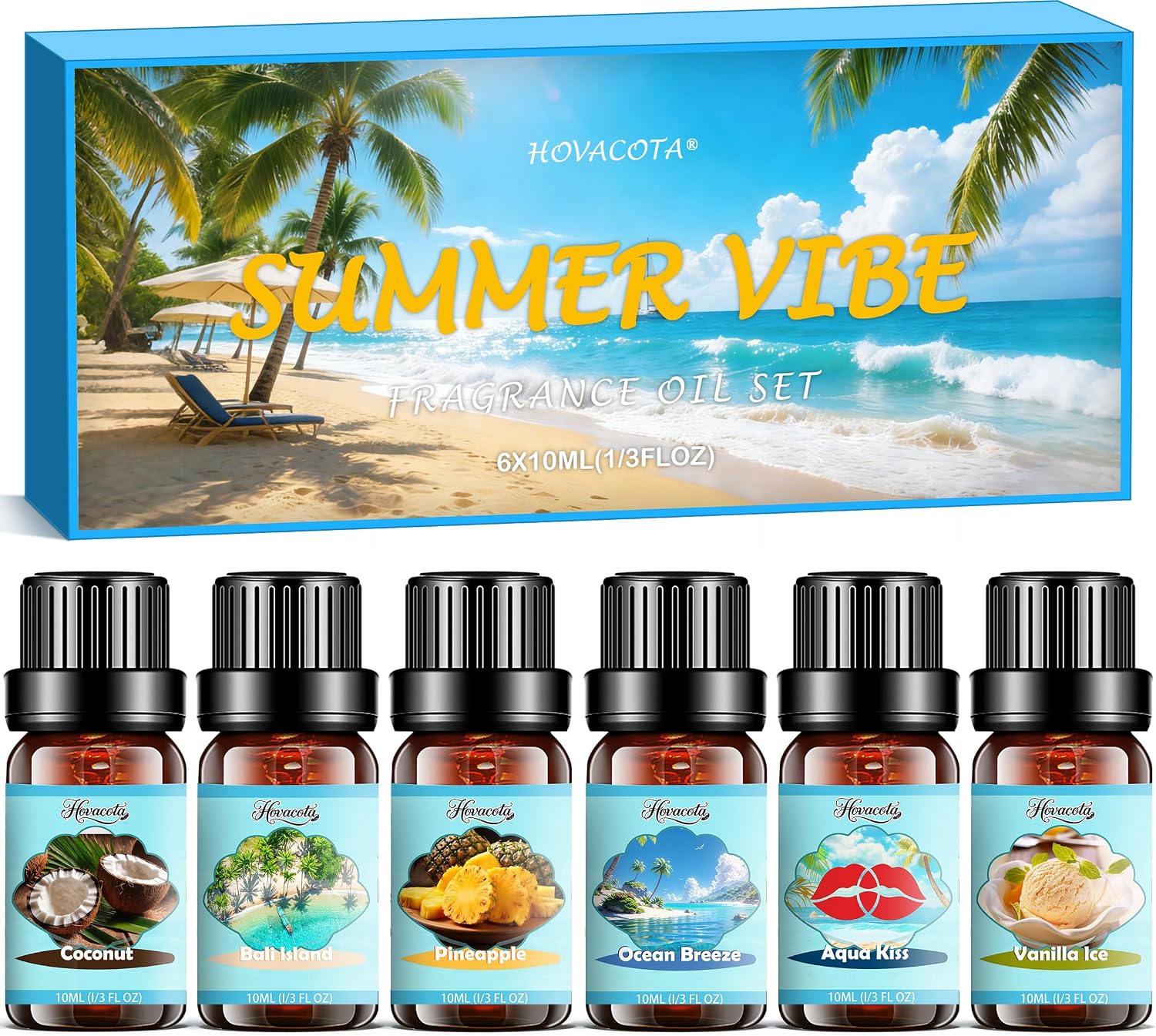 Summer Fragrance Oils Set, Premium Essential Oils for Diffuser, Natural Aromatherapy Oils for Soap Candle Making - Ocean Breeze, Coconut, Pineapple, Bali Island, Vanilla Ice Cream, Aqua Kiss