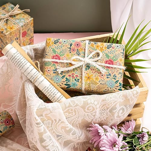 Miniatura 4 de WRAPAHOLIC - Rollo de papel kraft con diseño floral para envolver regalos - Mini rollo - 17 pulgadas x 9.8 pies - Diseño de flores de jardín de