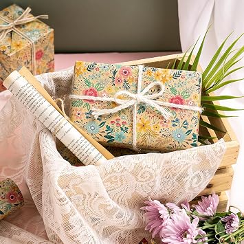 WRAPAHOLIC Kraft Floral Wrapping Paper Roll - Mini Roll - 17 Inch x 9.8 Feet - Spring Summer Garden Flower Design Perfect for Wedding, Bridal Shower, Birthday