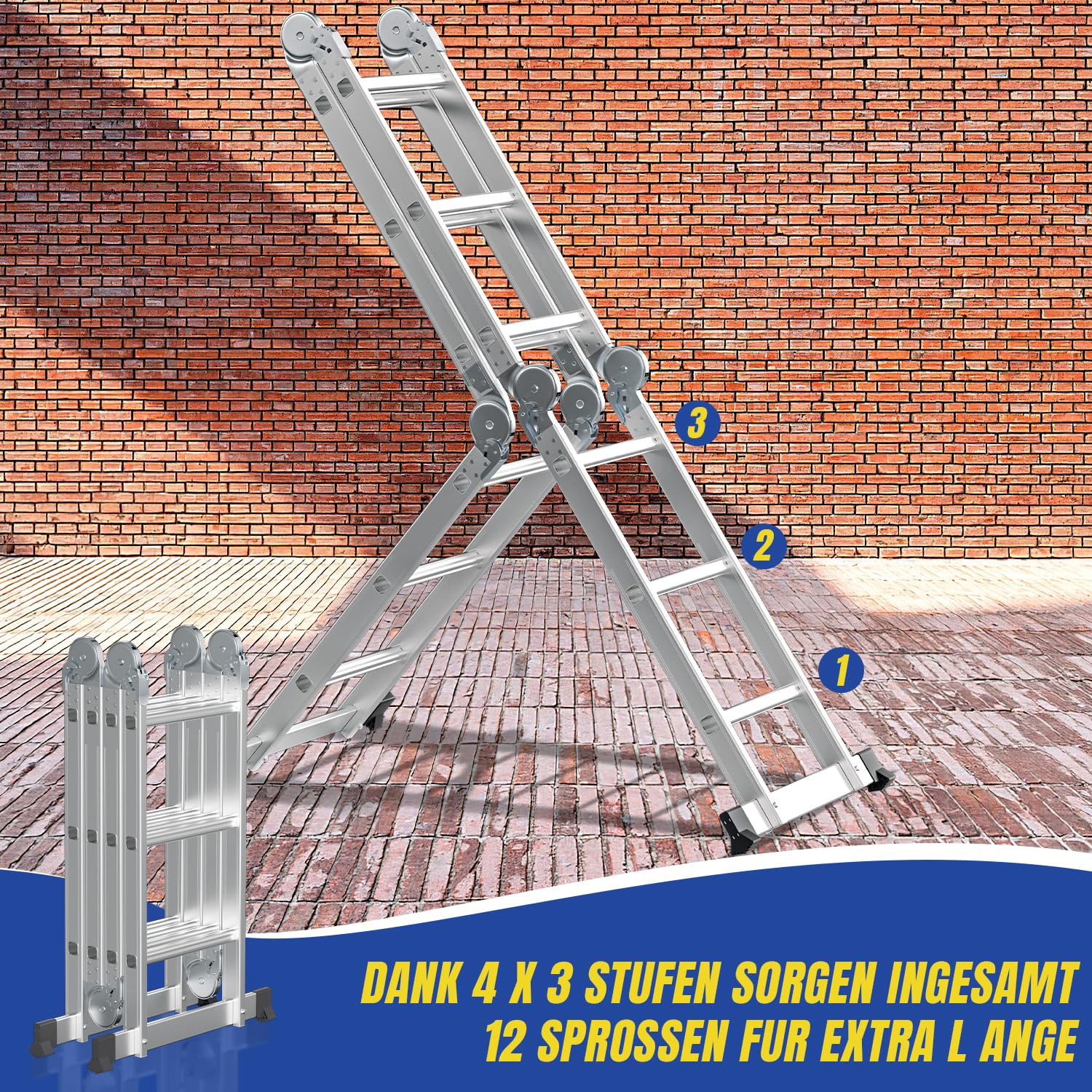 Herrselsam Wielofunkcyjna drabina 4 x 3, 7 w 1 drabina wielofunkcyjna 366 cm, aluminiowa drabina składana z 2 platformami i kółkami, maks. obciążenie 150 kg, drabina wielofunkcyjna, 12 szczebli