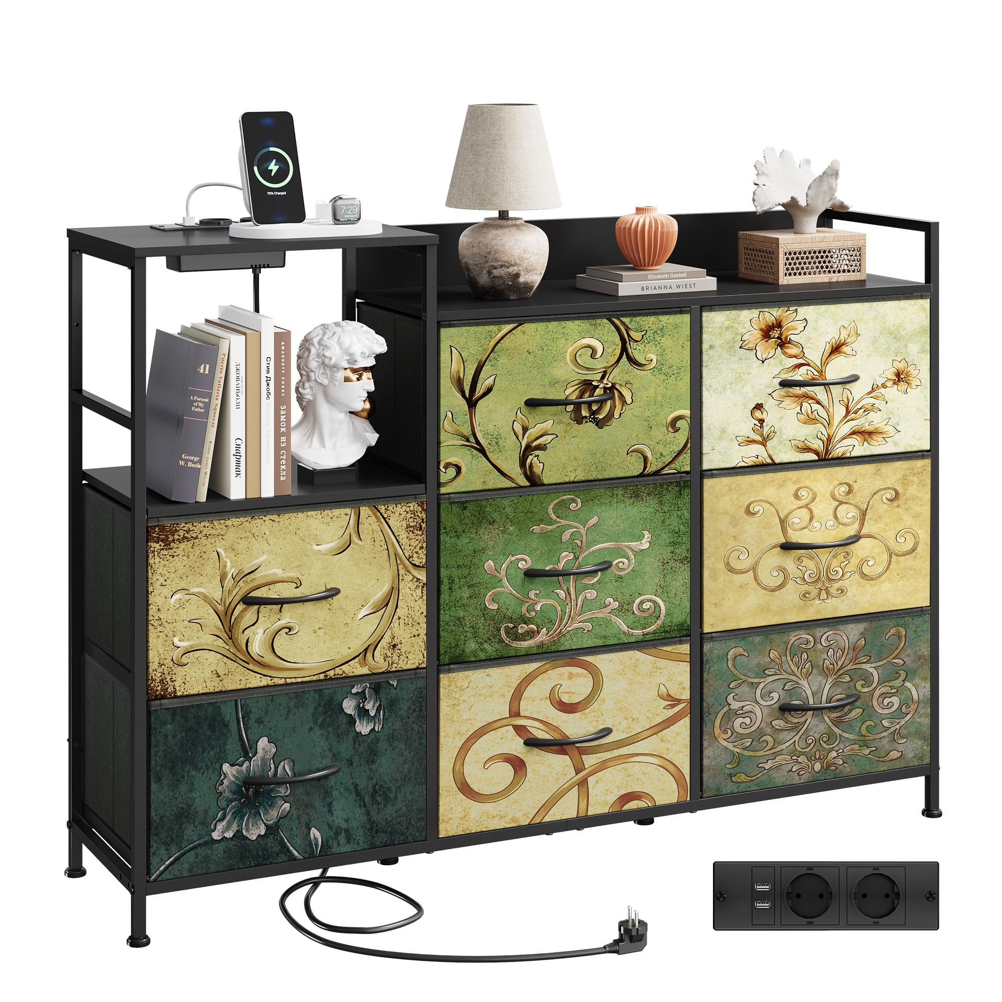 WLIVE 8 Kommode mit Schubladen, Stoffschubladen mit Auszügen, Bohemien | Kommoden & Sideboards mit LED und Ladestation
