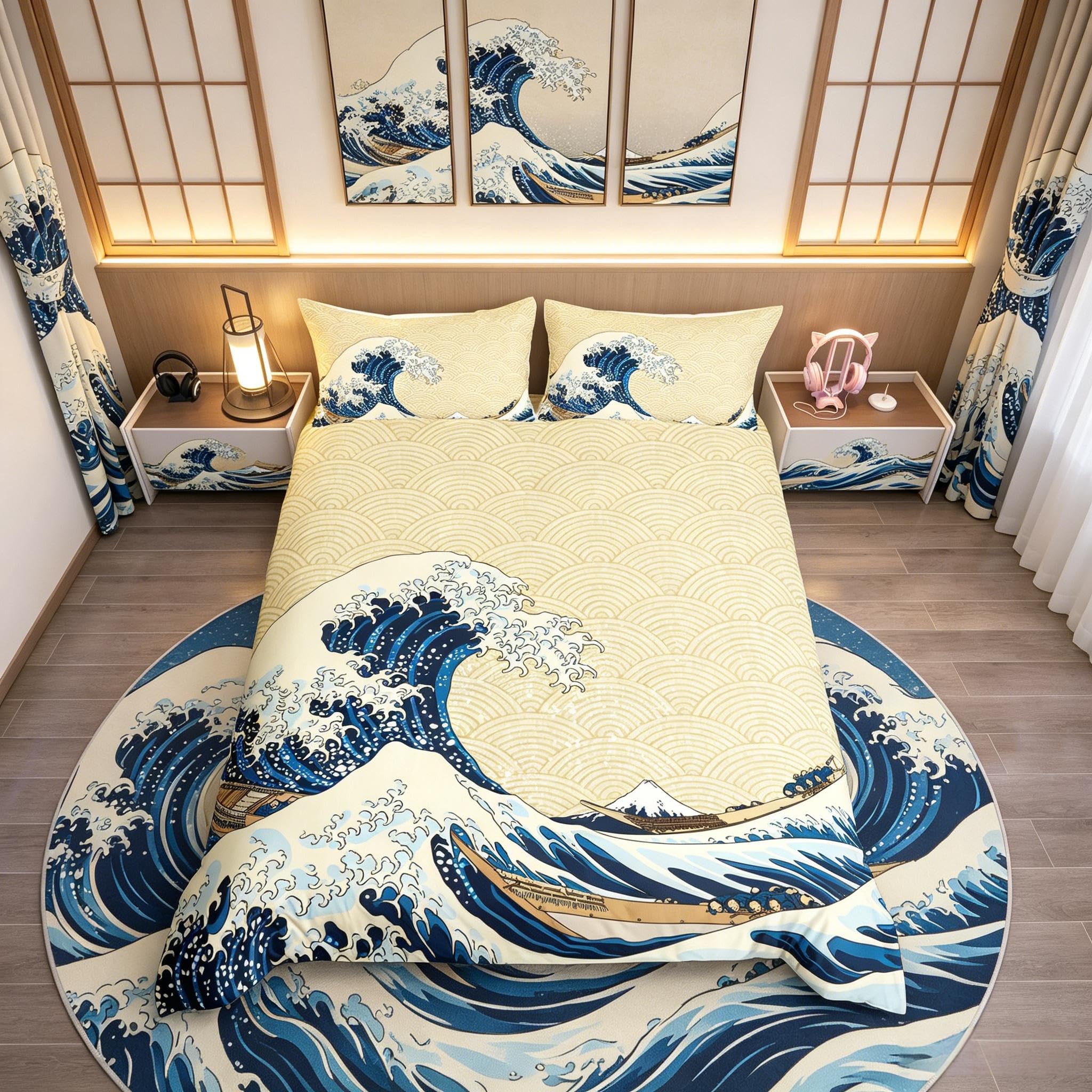 richhome King,Wave Duvet Cover for Kids Teens Adults,Sea Ocean Waves Nautical Bedding Set,Hand Drawn Japanese Style Motifs Illustration Ukiyoe Themed Bedroom Decor Comforter Cover with 2 Pillowcases