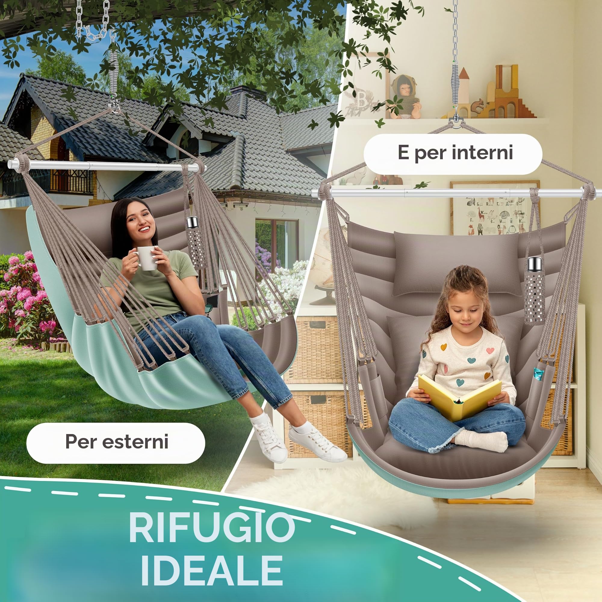 KESSER® Poltrona sospesa Haiti, portata 150 kg, girevole a 360°, altalena sospesa per interni ed esterni, resistente ai raggi UV e all'acqua, facile da pulire, include 2 cuscini, borsa per il