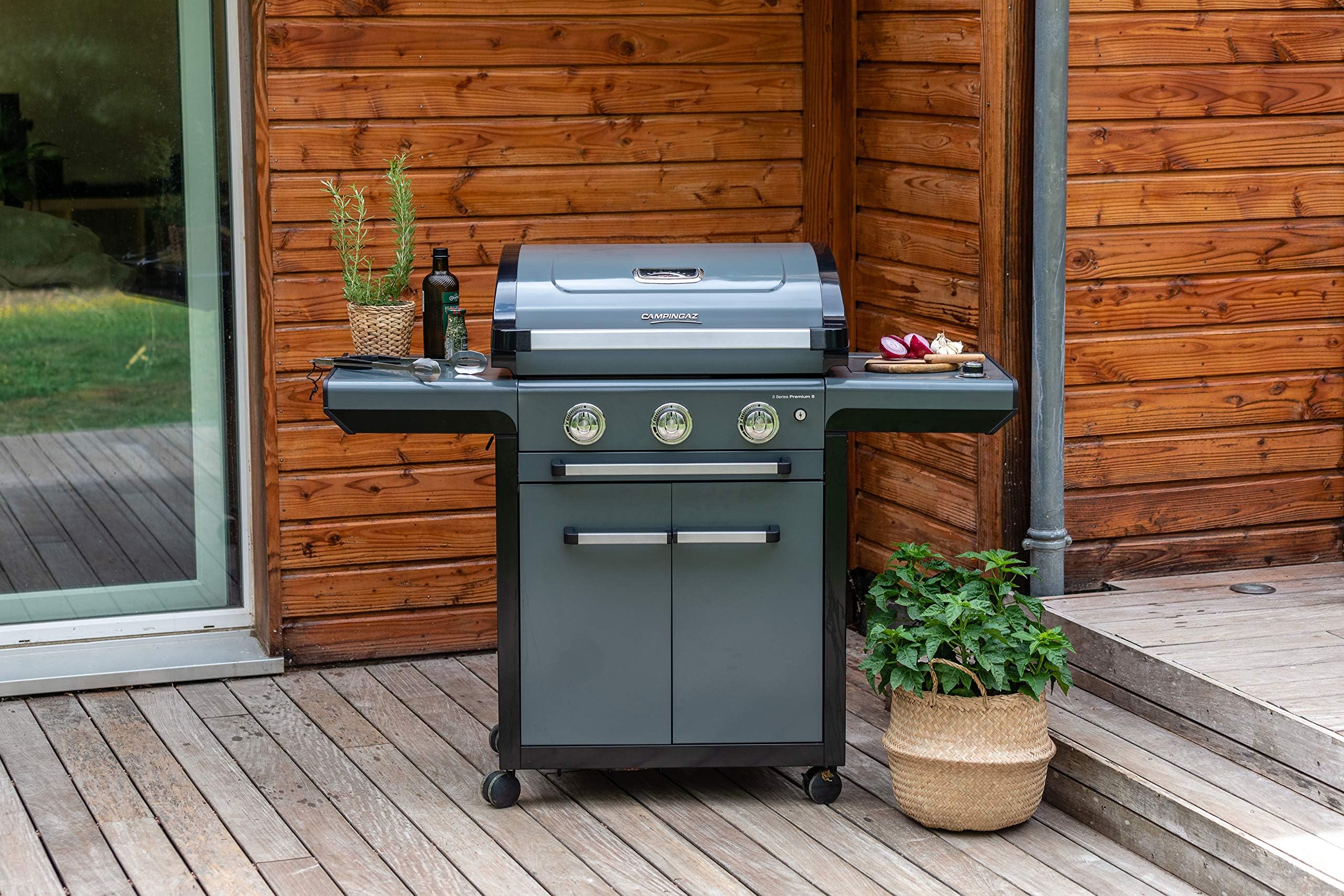 Campingaz Barbacoa de gas serie 3 Premium S, parrilla de gas con 3 quemadores de acero inoxidable de 10,2 kW, quemador lateral, tapa, termómetro, agua limpia instantánea, sistema modular culinario