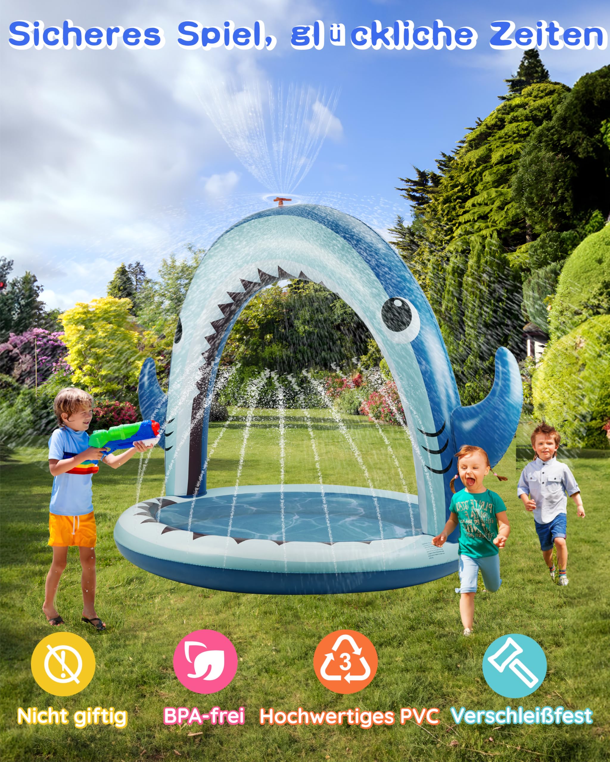 Gleamkid Sprinkler für Kinder, 4-in-1 aufblasbares Hai-Wasserspielzeug für Jungen und Mädchen, Sommer Outdoor-Spiel mit 4-Ring-Wurf, Garten-Wassersprinkler-Sprühspielzeug, tolles Geschenk für Kinder
