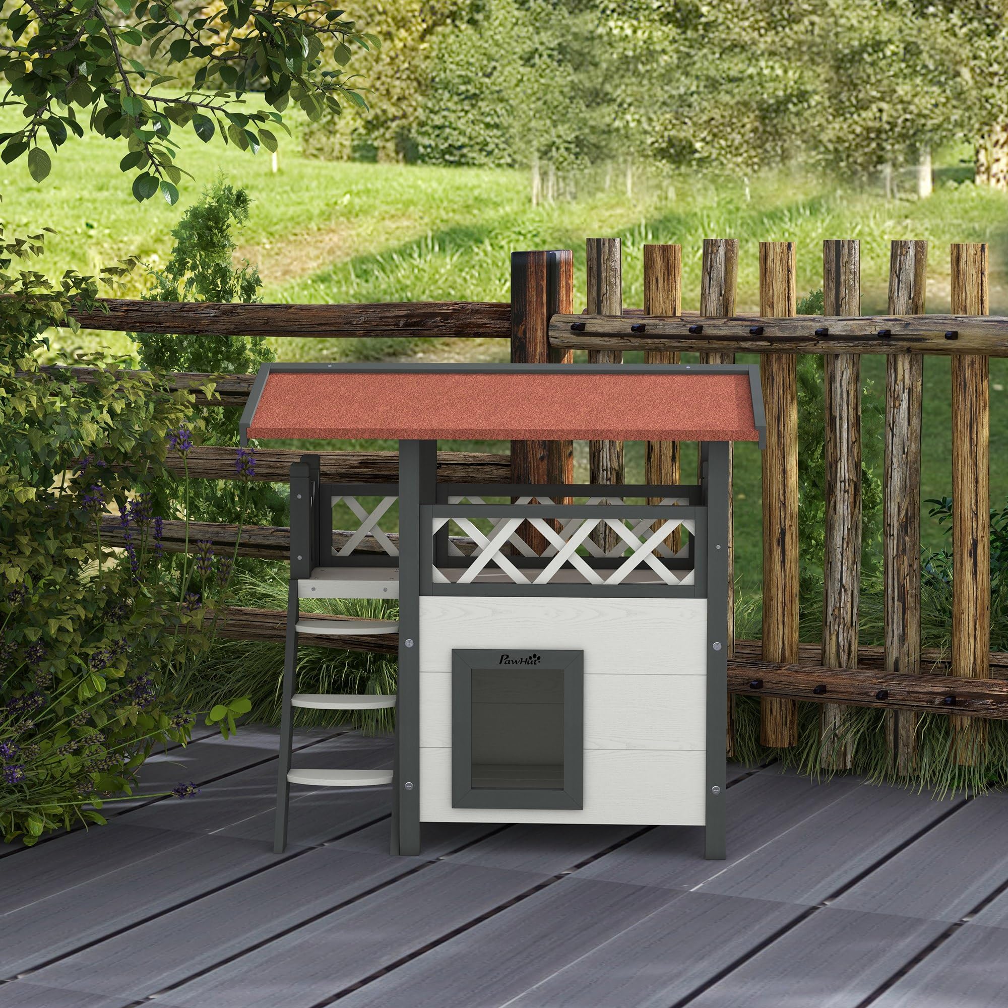 PawHut Casetta per Gatti da Esterno con Terrazza e Scaletta, Cuccia per Gatti e Piccoli Animali in Legno, 77x50x73cm, Bianco e Grigio
