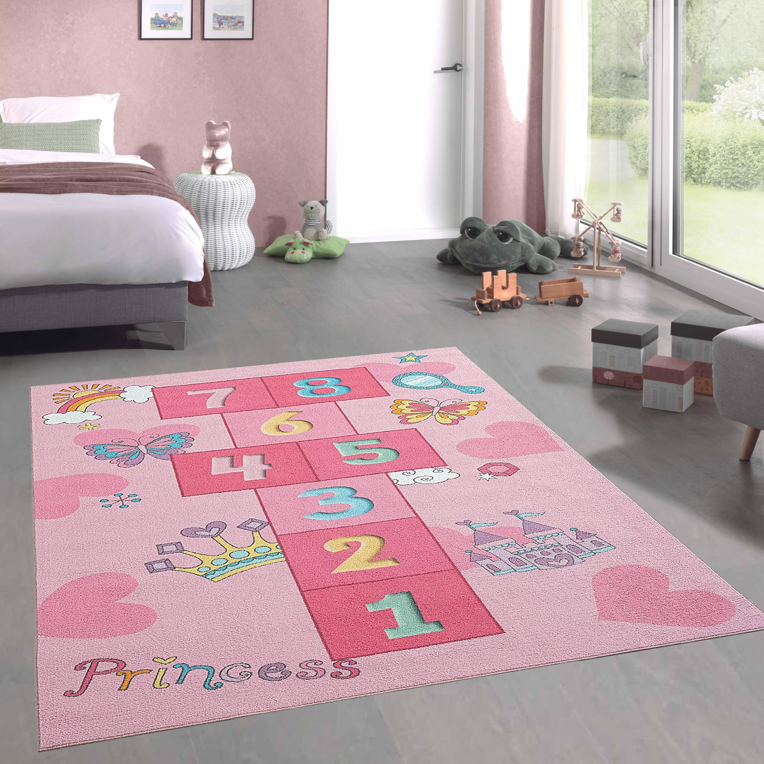 CARPETIA Tapis de Jeu Enfants Marelle Couronne de Cœur & Château Princesse en Rose, 140 x 200 cm