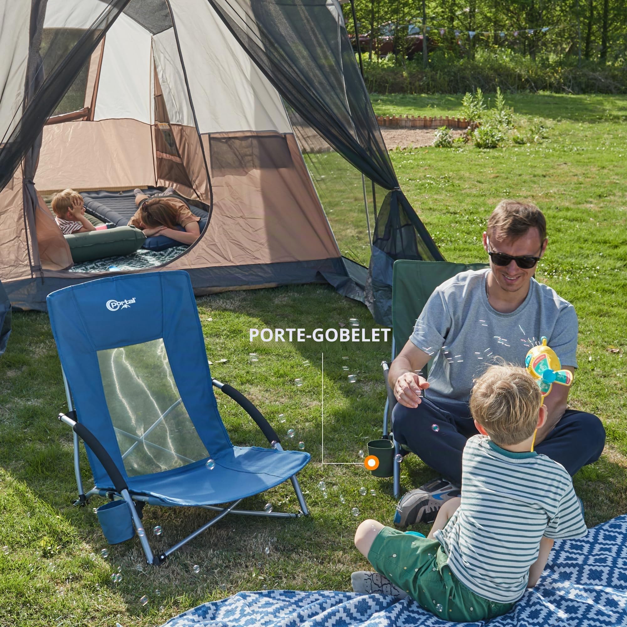 Portal Chaise de plage pliable légère - Chaise de camping - Tissu respirant - 150 kg - Sac de transport - Porte-boisson
