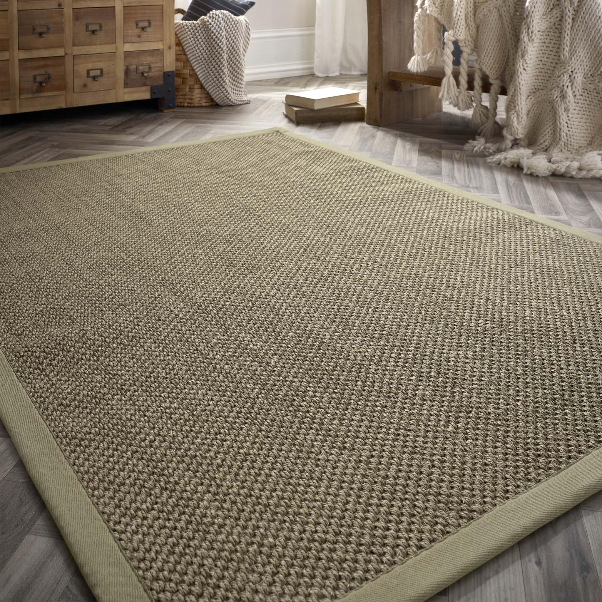 Lord of Rugs Sisal Area Rug with Hand Stitched Border, Non-Slip Durable Natural Modern Bordered Carpet for Living Room, Hallway Flatweave Rug Sage Green/Sage Border, Small 80 x 150 cm (2'6"x5')
