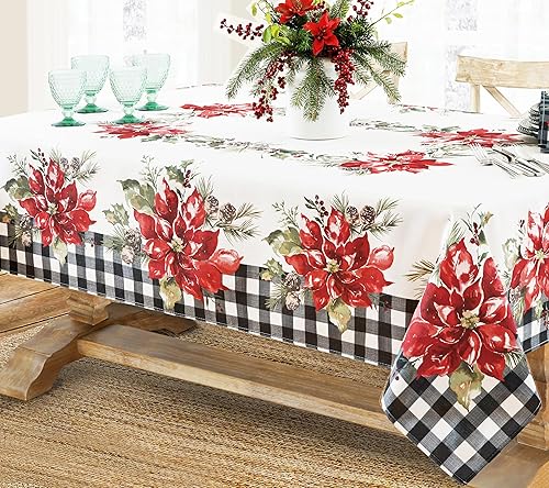 Miniatura 4 de Newbridge Juego de 8 servilletas de tela de Navidad con borde de guinga de flor de pascua, estampado de flor de pascua roja y acebo, fácil cuidado,