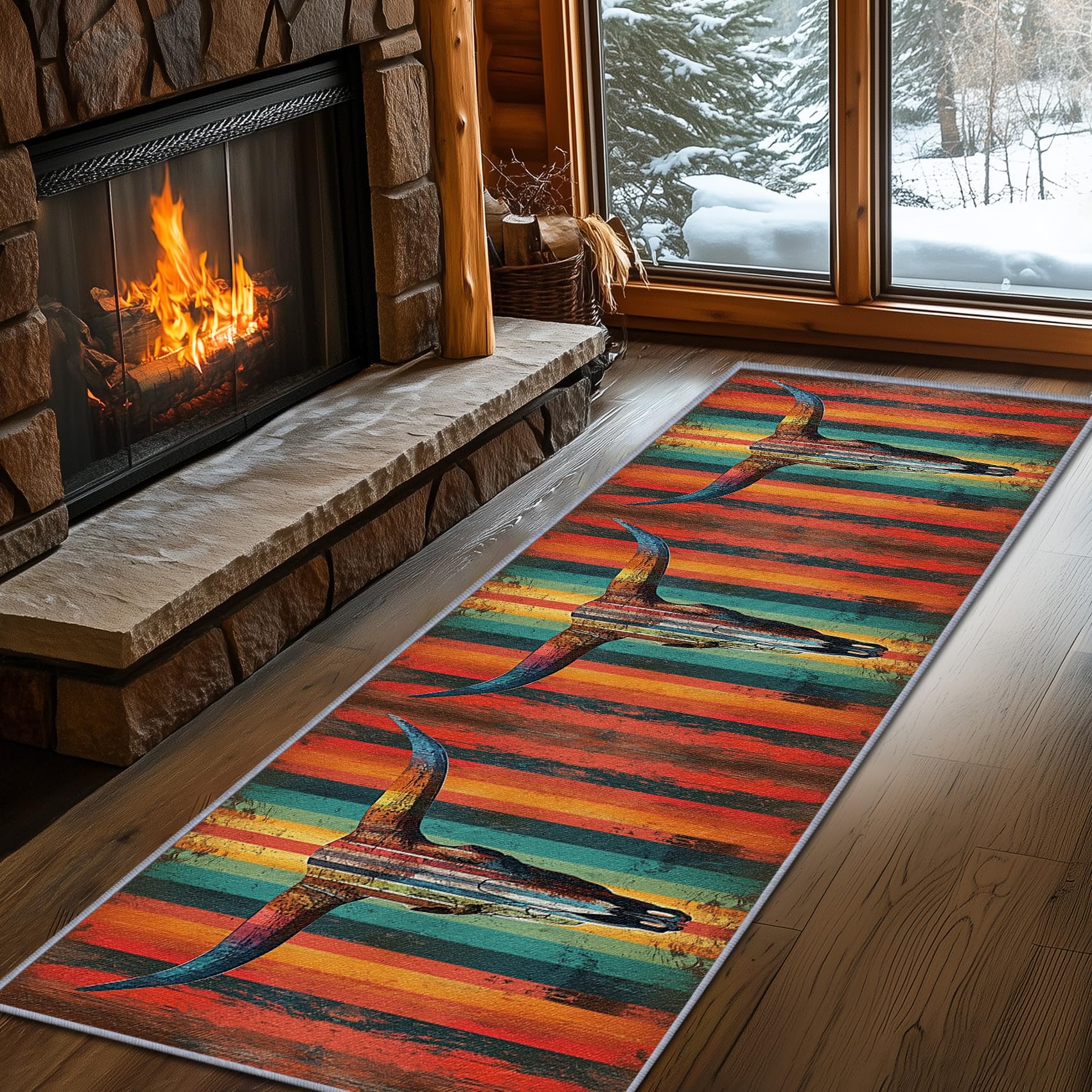 Yoozitrees Southwestern Rug Runner 2x7, Cow Skull Runner Rug, 2x7ft, Tribal Striped Boho Rustic Hallway Runner, Wild West Bohemian Low Pile Washable