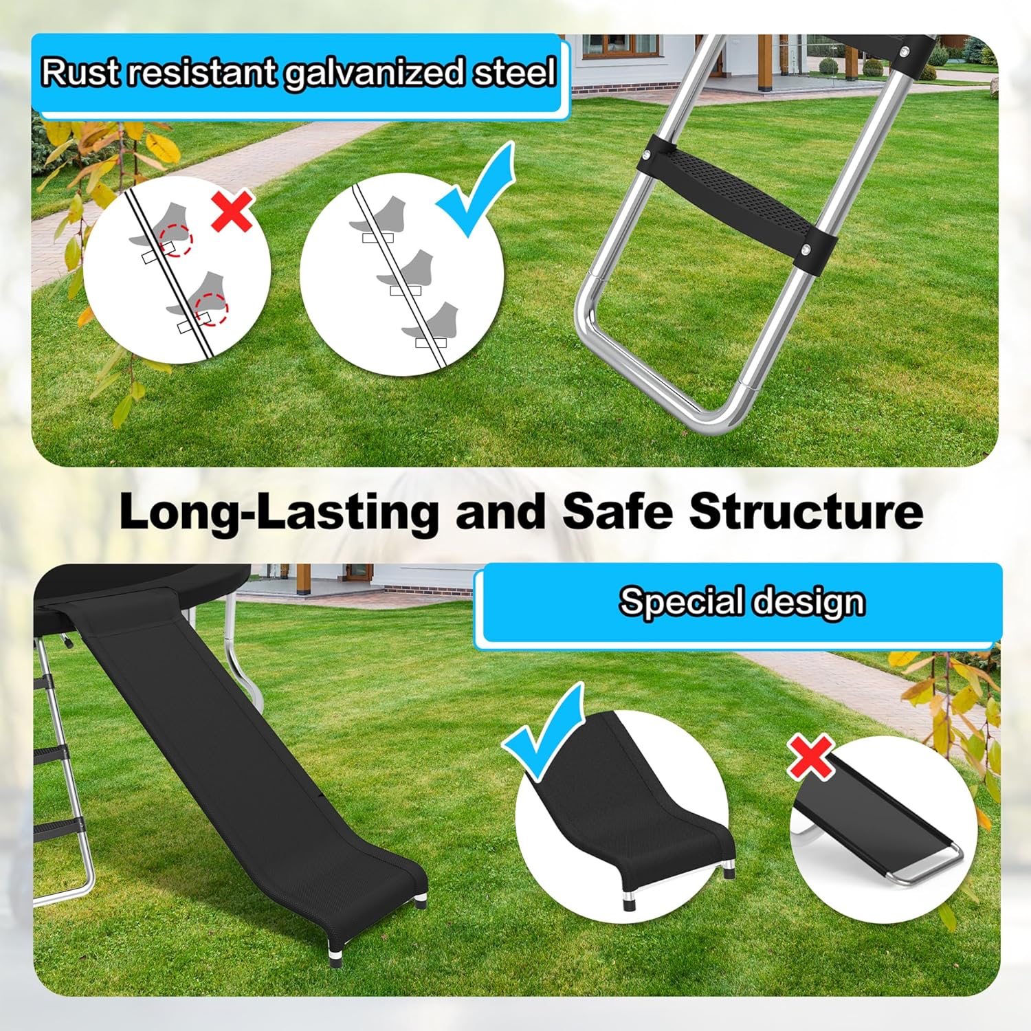 Trampoline Ladder and Slide Attachment,3-Step Universal Stair Slide for Kids,Trampoline Accessories & Replacement Parts,Fits 10 12 14 15 ft Trampoline Frame