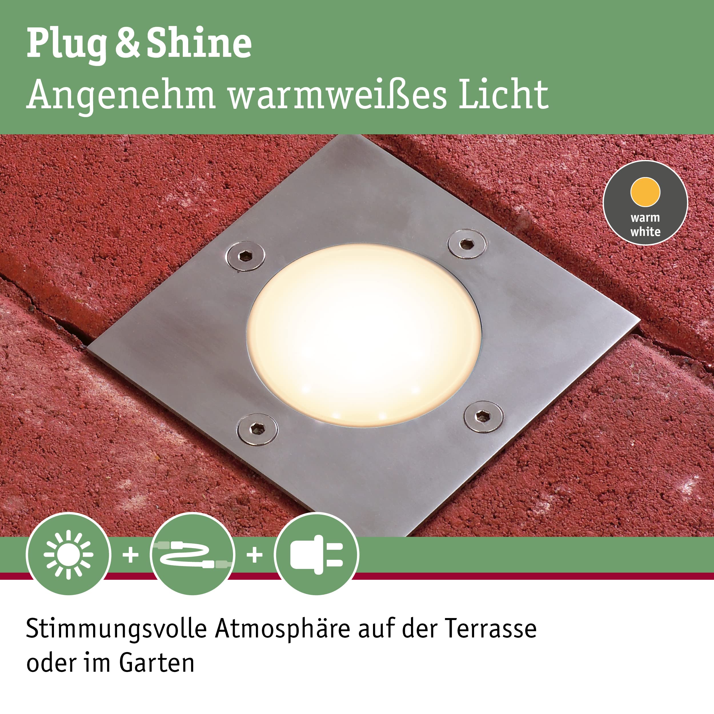 Paulmann 94227 Plug & Shine LED Außenleuchte Bodeneinbauleuchte eckig incl. 1x3,6 Watt IP65 dimmbar Außenbereich Edelstahl Metall, Kunststoff 3000 K