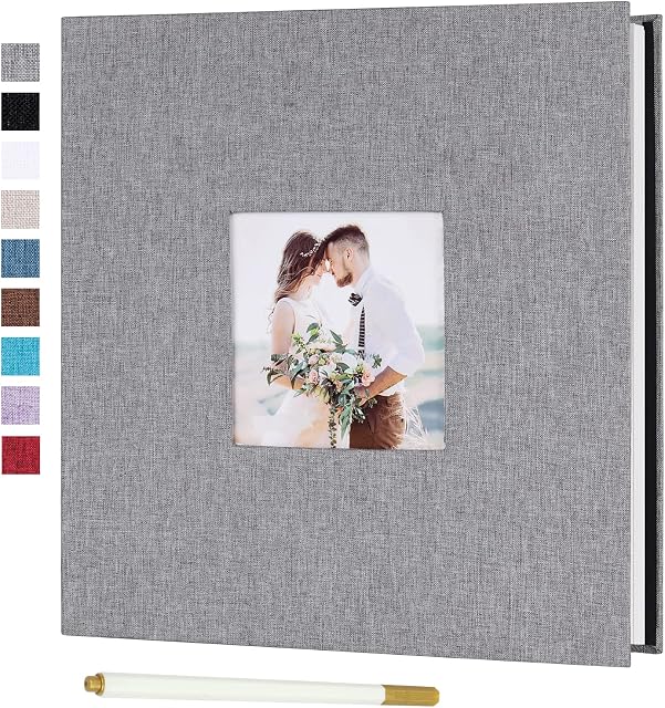 RECUTMS Self Adhesive Photo Album Large Scrapbook Album Magnetic 40 Pages Linen Hardcover with A Metallic Marker Pen Wedding Gift Valentines Day for Couples (Grey, Large)