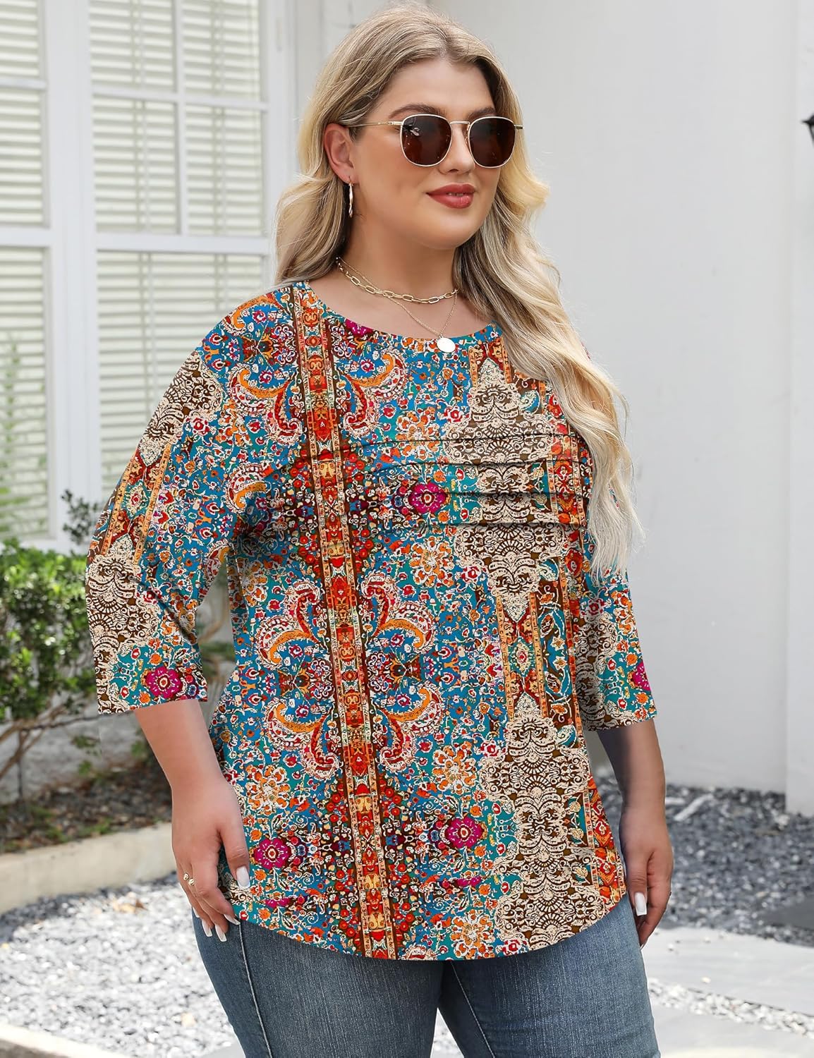 LOMON Plus Size Women Blouses 3/4 Length Sleeve Tops Crewneck Pleated Casual Tees Shirts 1X-5X - Image 5