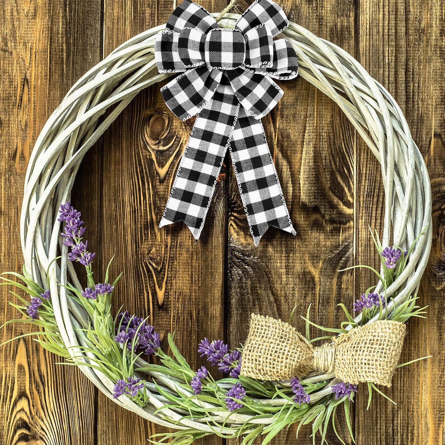 Syhood 6 Pcs Buffalo Plaid Bows Fall Wreath Tree Crafts,Black and White | 10 Inch Size, Christmas Halloween Thanksgiving Ornaments, Farmhouse Wreath Supplies, Multi-loop Ribbon Design for DIY Decor