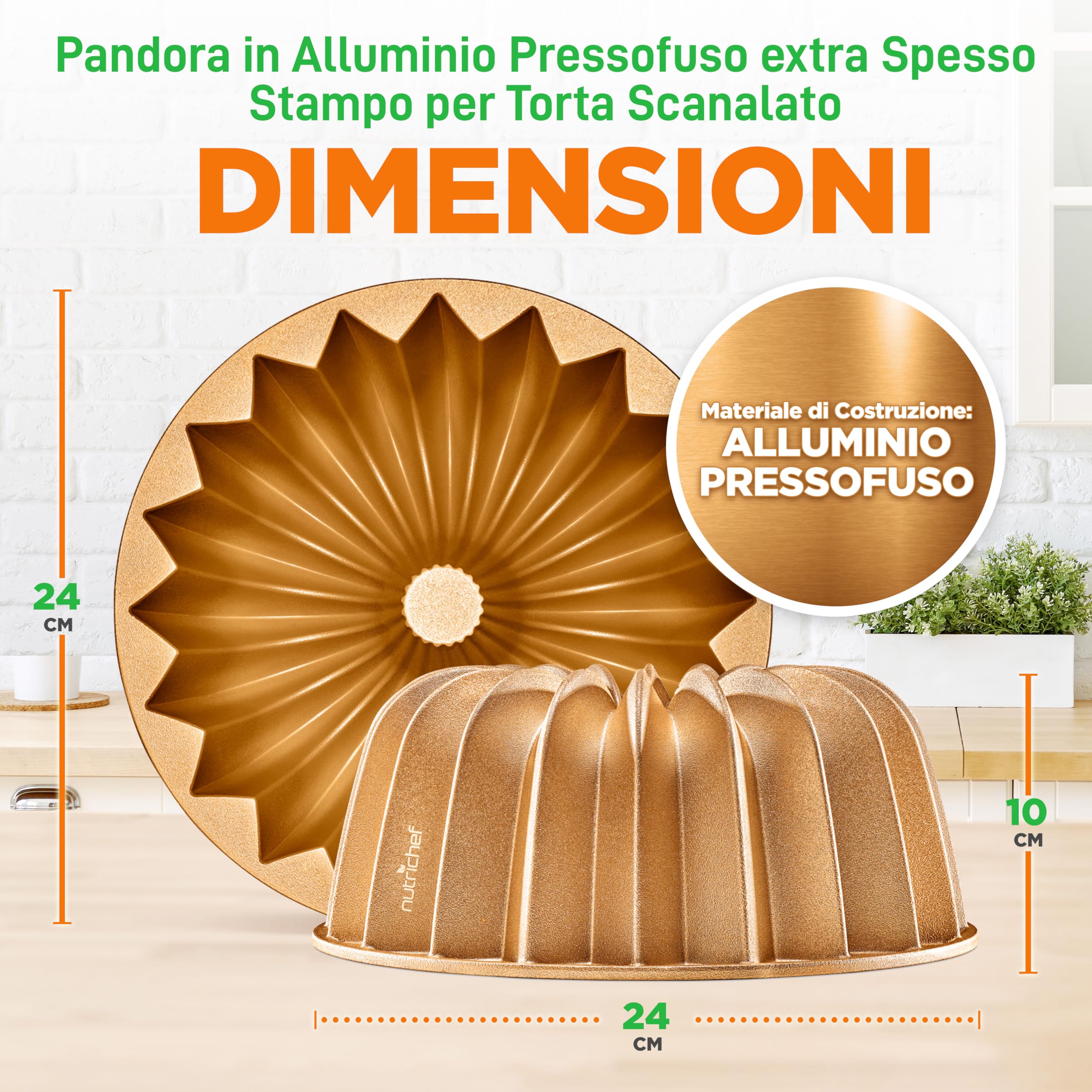 NutriChef Stampo Ciambella 24 cm, Stampo Antiaderente per Torta e Ciambellone, Tortiera, Teglia da Forno in Alluminio Pressofuso, Antiaderente, Resistente, Cottura Uniforme