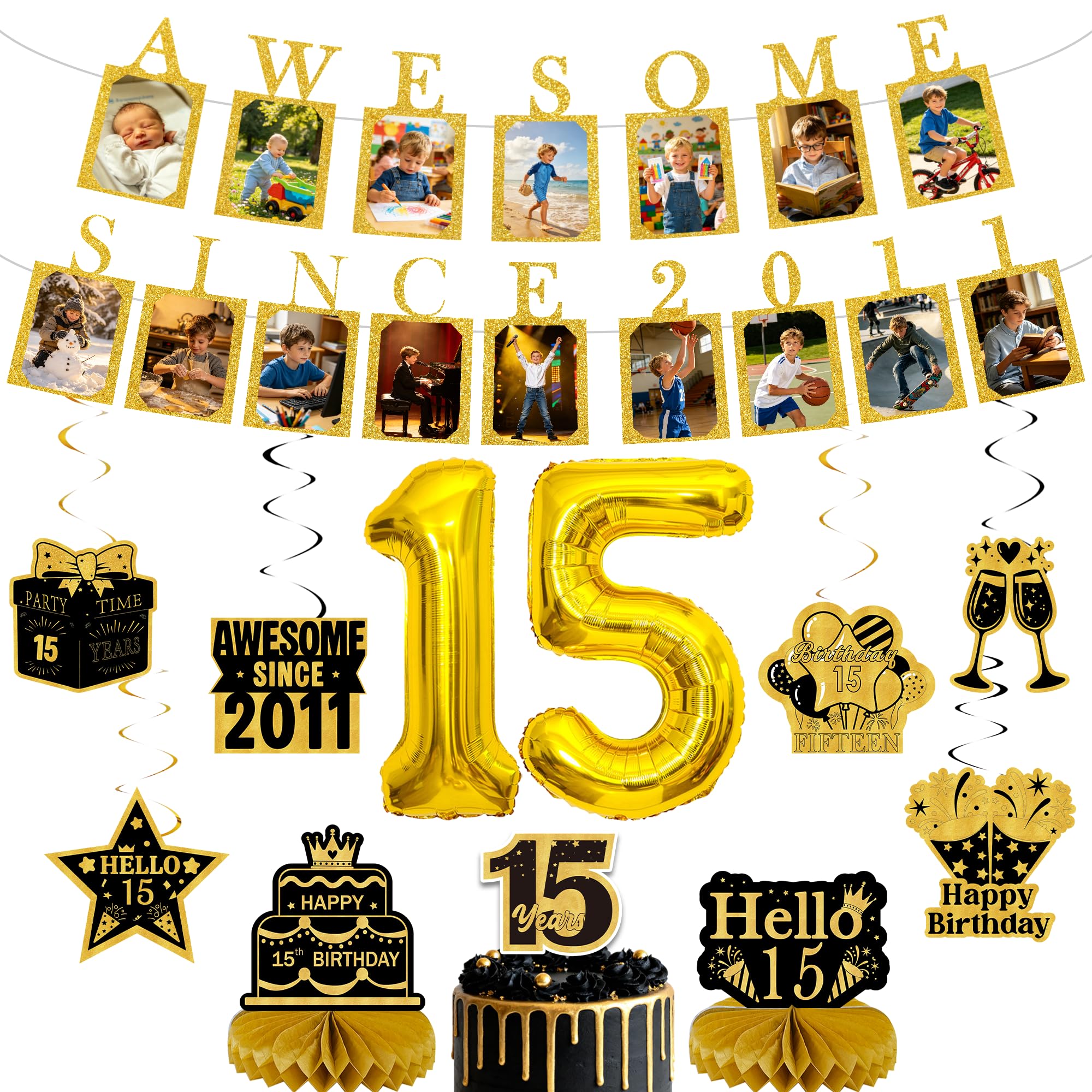 Happy 15th Birthday Banner Decorations, Gold Photo Banners Set