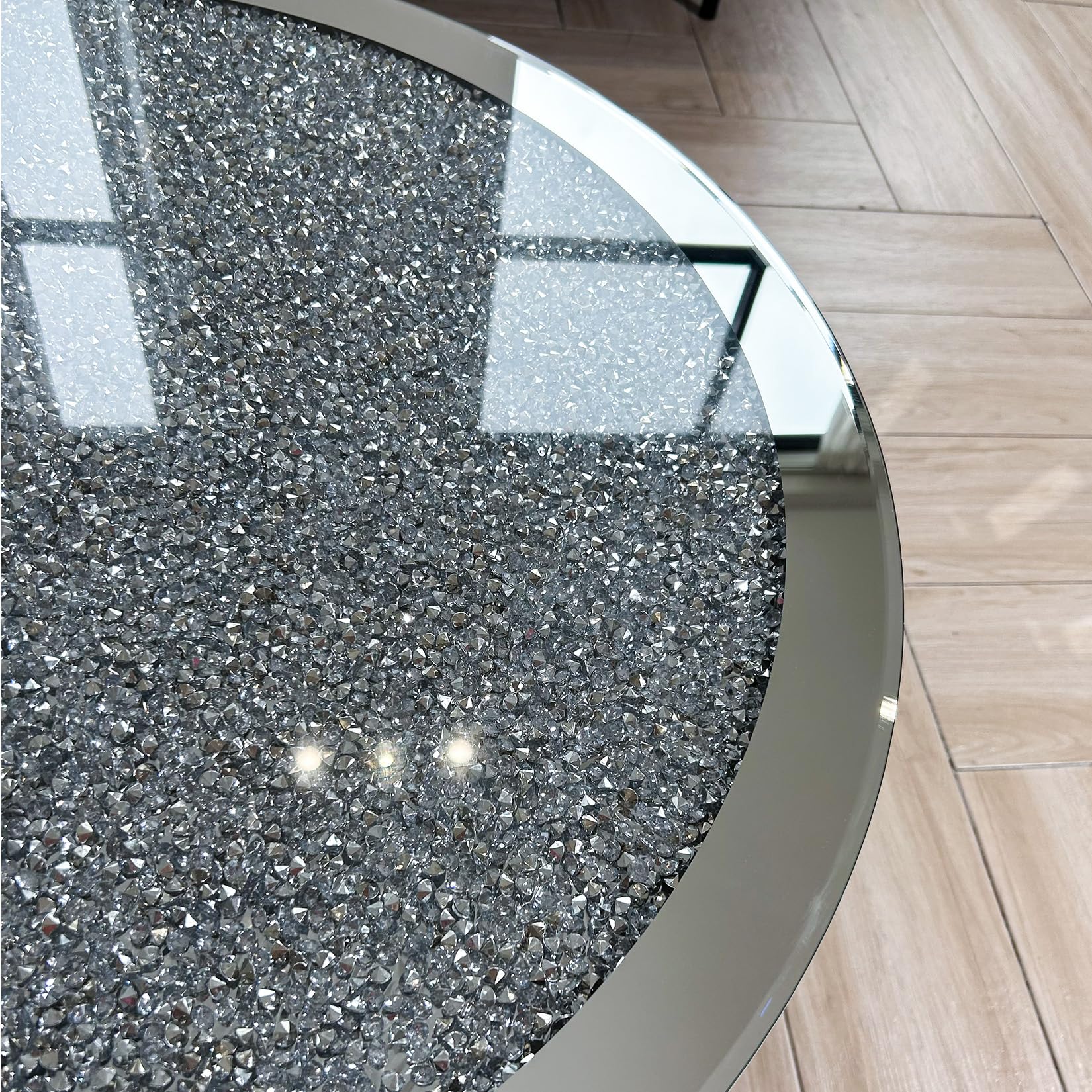 Mesa de Centro Redonda de Espejo y Diamantes: Mesa Cafe Baja Barroca Plateada Brillante Decorativas para Sofá Salón Habitacón Oficina 80x80x46cm