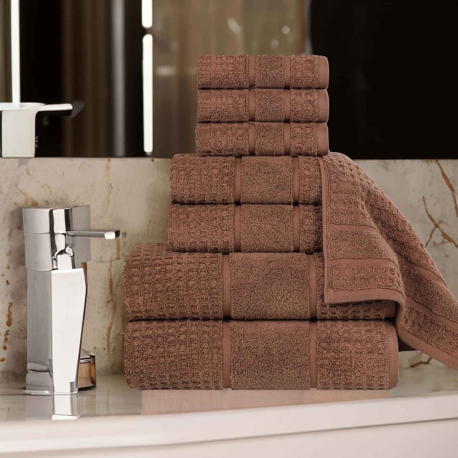 Superior Cotton 8-Piece Towel Set, Zero Twist, Waffle Border, Bathroom Essentials, Shower, Spa, Luxury Plush Soft Absorbent Towels, Includes 2 Bath, 2 Hand, 4 Washcloth/Face Towels, Chocolate