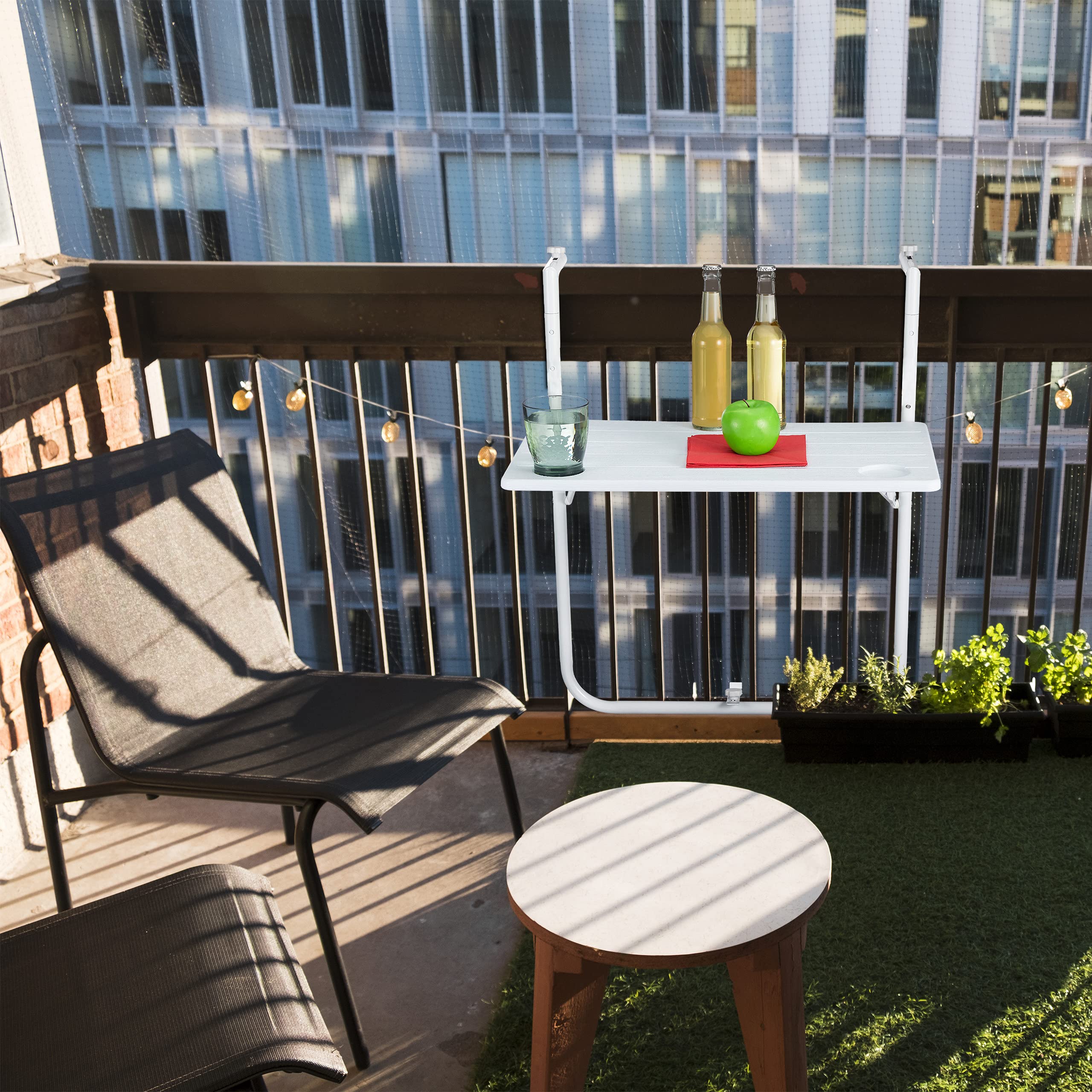 Relaxdays Table Balcon Suspendue Rabattable réglable en Hauteur 3 Niveaux Aspect Bois 59,5 x 35,5 cm Blanc