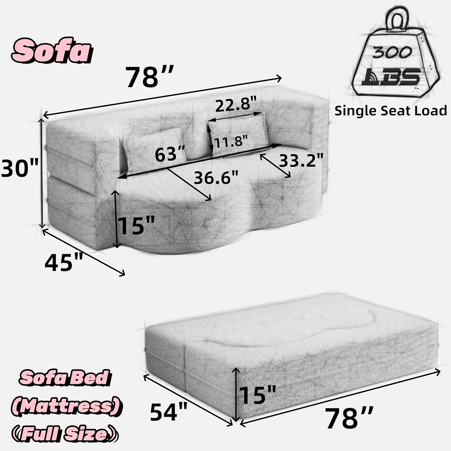 78" Full Size Floor Sofa, Folding Queen Sleeper Couch, Futon Loveseat Sofa, Plush Corduroy Foam-Filled Sleeper Couch Bed, Fold Mattress Bed for Living Room, Guest Use, Office, Apartment, Dark Grey