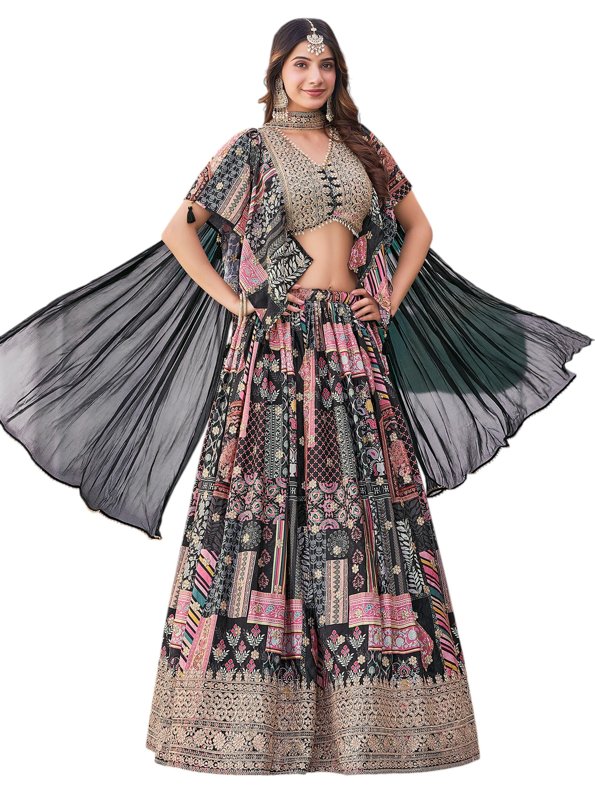 zeel clothing Women's Digital Print with Zari Dori Embroidery Work Chinnon Silk Lehenga Choli With Dupatta (7050-Black-Women-Lehenga-Choli-Latest; Free size) (Black)-picture-16