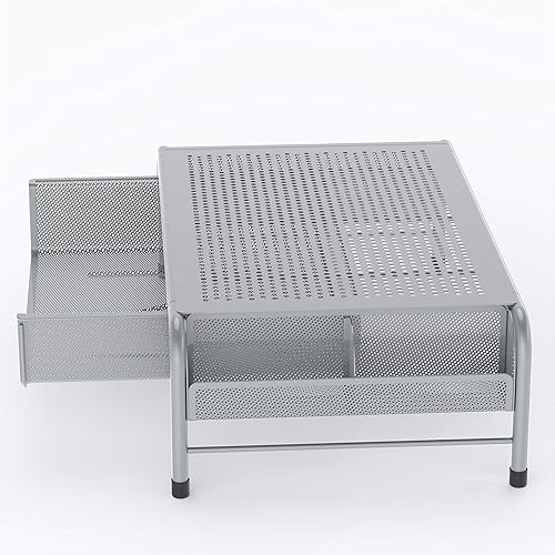 Miniatura 4 de SimpleHouseware. Soporte elevador de escritorio de metal con cajón organizador, Plateado Paquete de 1