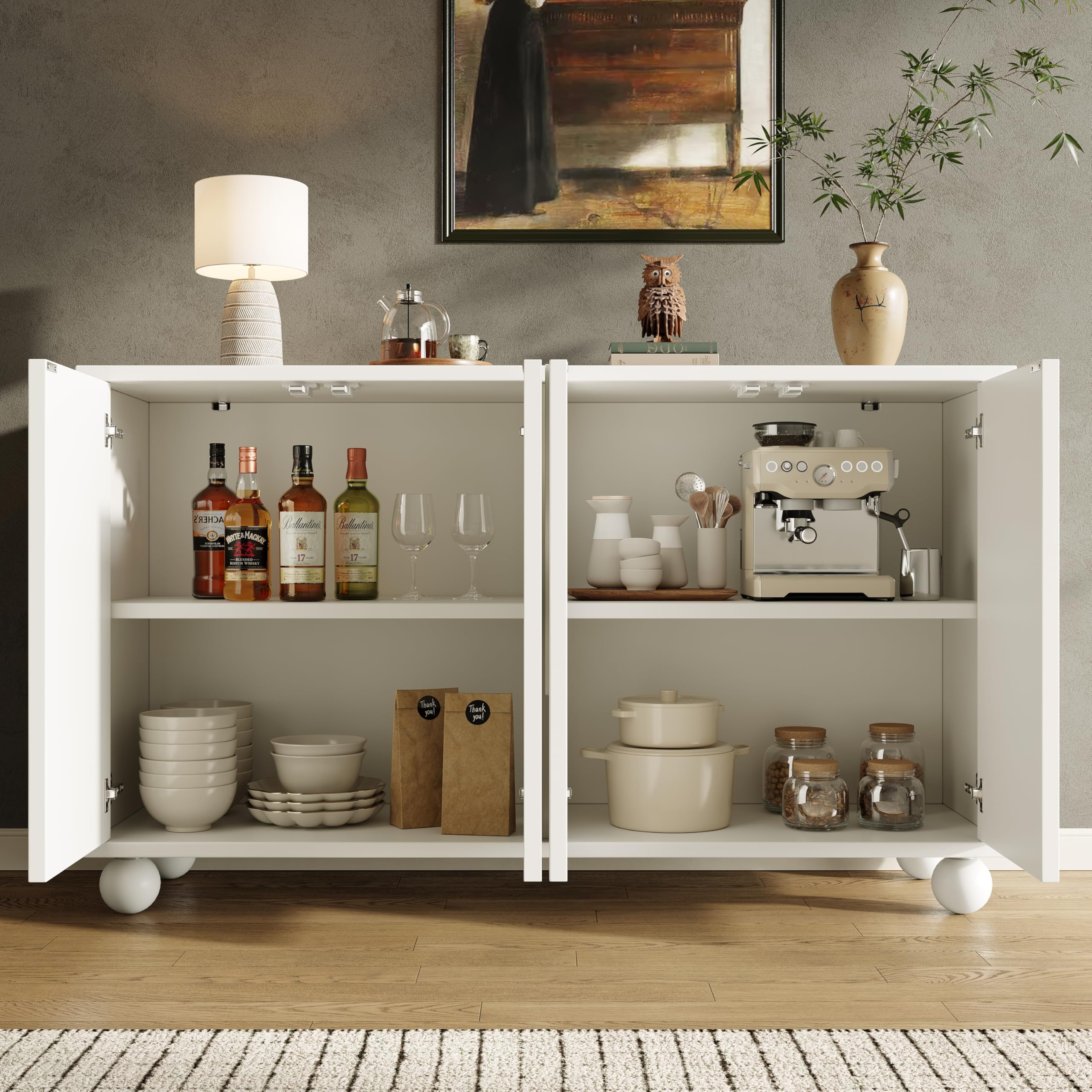 Merax Sideboard 120cm, Küchenschrank mit 4 Türen, Moderner Küchenkommode, Buffetschrank mit verstellbare Ablage, Designtüren, Kippsicher, Holz Aufbewahrungsschrank für Küche Wohnzimmer Esszimmer, Weiß