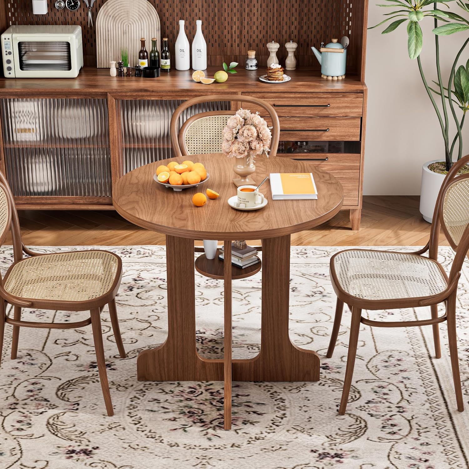 31.5 Inch Round Dining Table, Modern Small Kitchen Table for 2-4, Wooden Dining Room Table Base with Storage Shelf, Space-Saving Dining Table Suitable for Kitchen,Small Apartment,Living Room (Walnut)