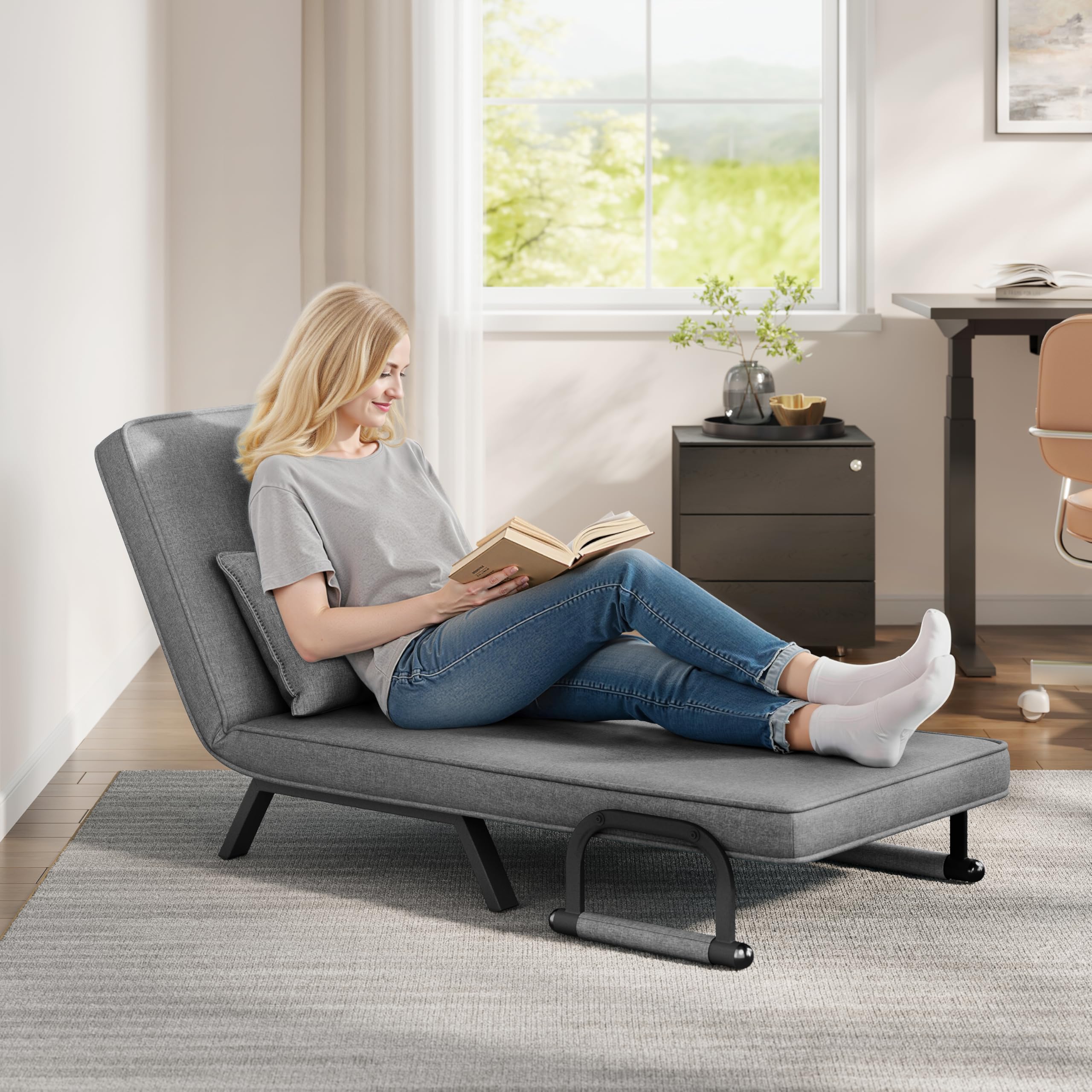 WOLTU Poltrona Relax Reclinabile Convertibile, Divano Letto Trasformabile 3 in 1, con Schienale Regolabile in 5 Posizioni, Cuscino Rimovibile, Seduta Imbottita, 80x74x82cm, Grigio Scuro