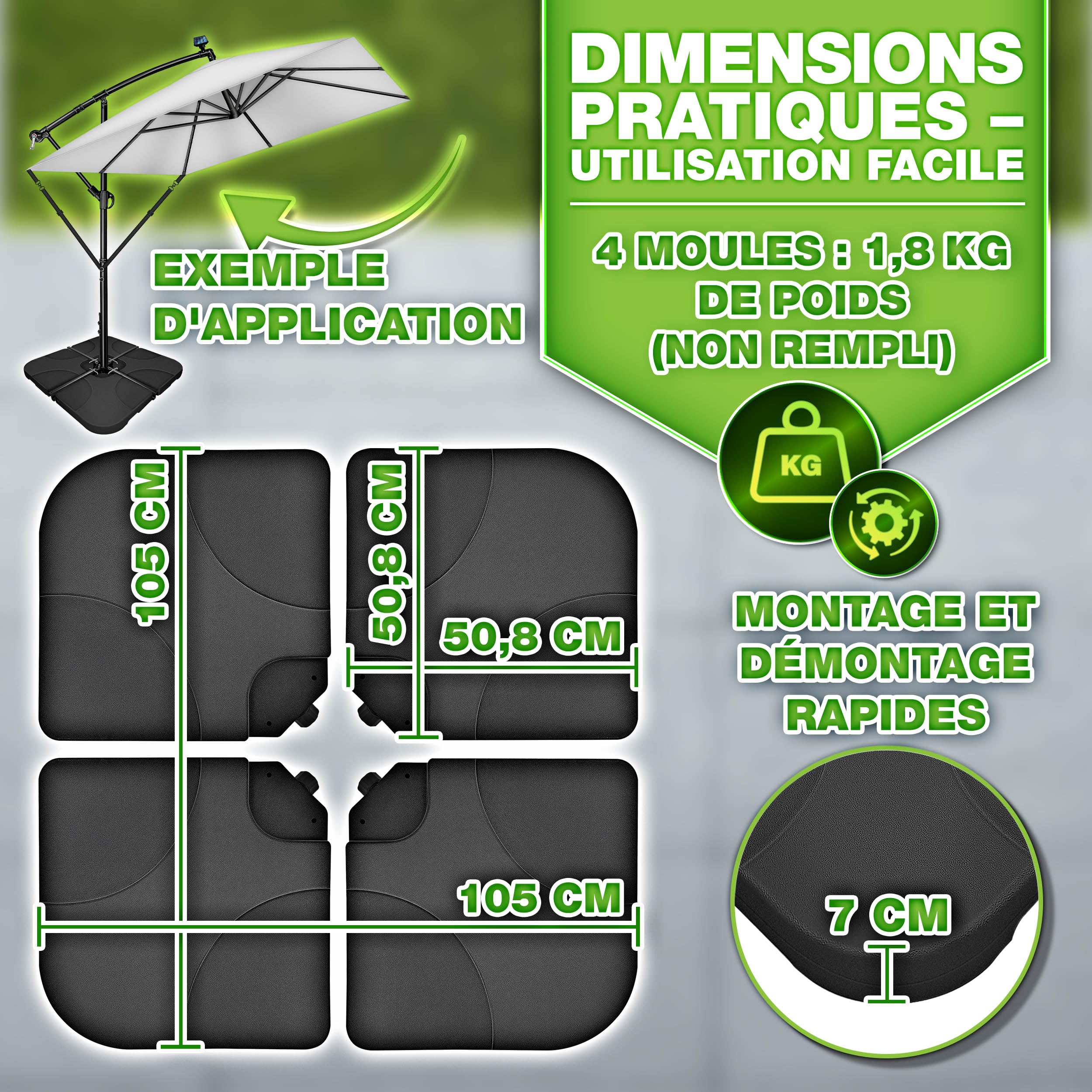 tillvex® Lestage & Dalles Carrées pour Parasol Déporté – Pied de Parasol 60 litres / 80 kg, 4 Pièces avec Connecteur Métallique | Base Remplissable avec Eau ou Sable | Support de Parasol (Noir)