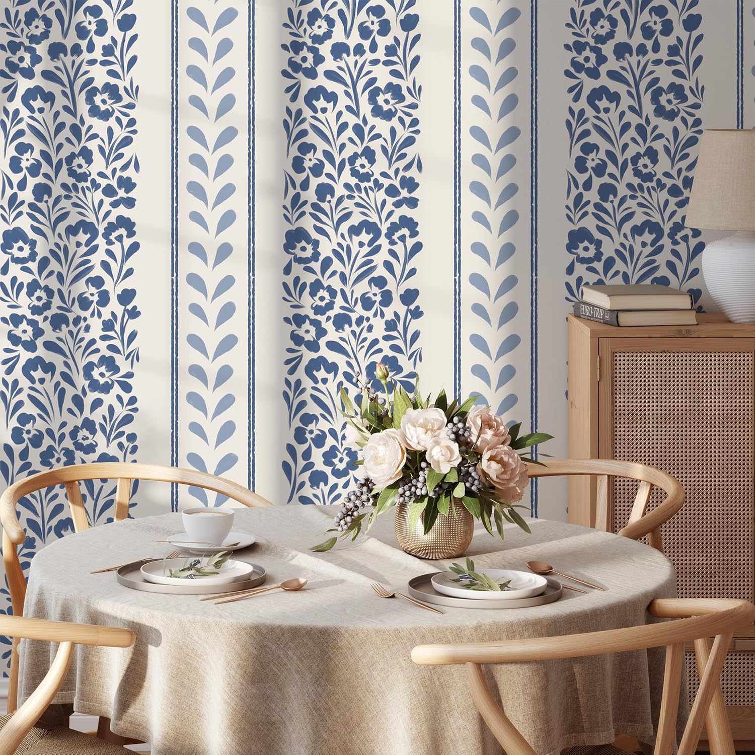 Blue Floral Peel and Stick Wallpaper Minimalist Blue Watercolor Wildflower Removable Self-Adhesive Farmhouse Wall Paper Waterproof Contact Paper for Bathroom Kitchen Backsplash